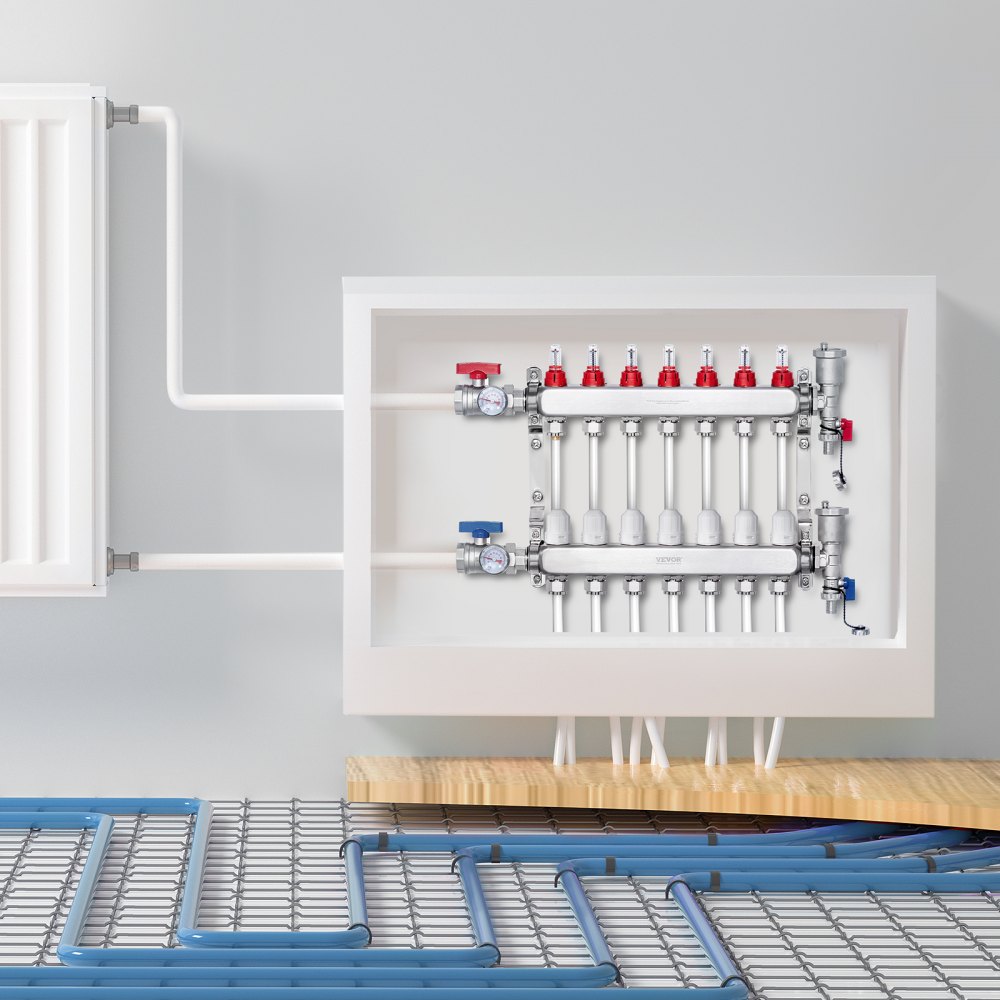Colector de calor radiante de 7 derivaciones VEVOR, colector de tubería PEX de 1/2", colector PEX de acero inoxidable para calefacción por suelo radiante hidrónico, kit de colector PEX de calor radiante con adaptadores de 1/2" incluidos