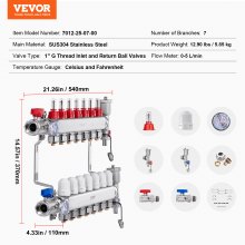 VEVOR Colector de Calefacción por Suelo Radiante 7 Sucursales 540 x 370 x 110 mm