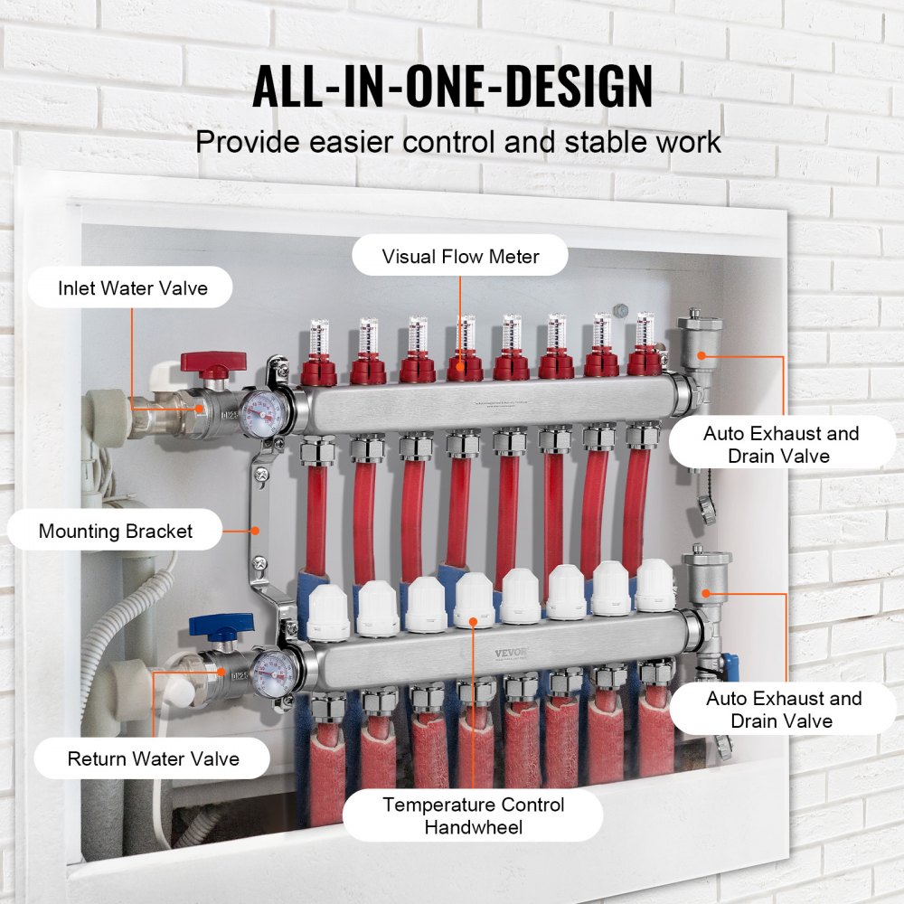 Colector de calor radiante de 8 derivaciones VEVOR, colector de tubería PEX de 1/2", colector PEX de acero inoxidable para calefacción por suelo radiante hidrónico, kit de colector PEX de calor radiante con adaptadores de 1/2" incluidos