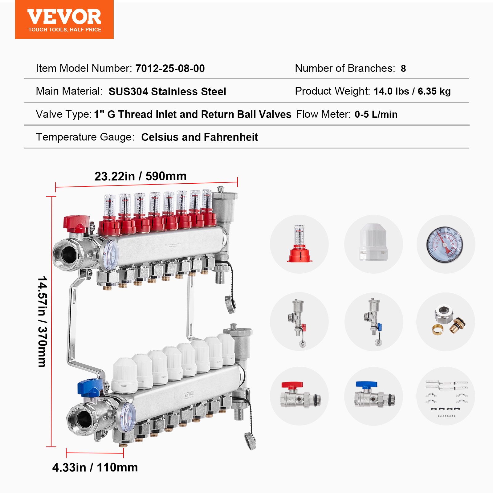 Colector de calor radiante de 8 derivaciones VEVOR, colector de tubería PEX de 1/2", colector PEX de acero inoxidable para calefacción por suelo radiante hidrónico, kit de colector PEX de calor radiante con adaptadores de 1/2" incluidos