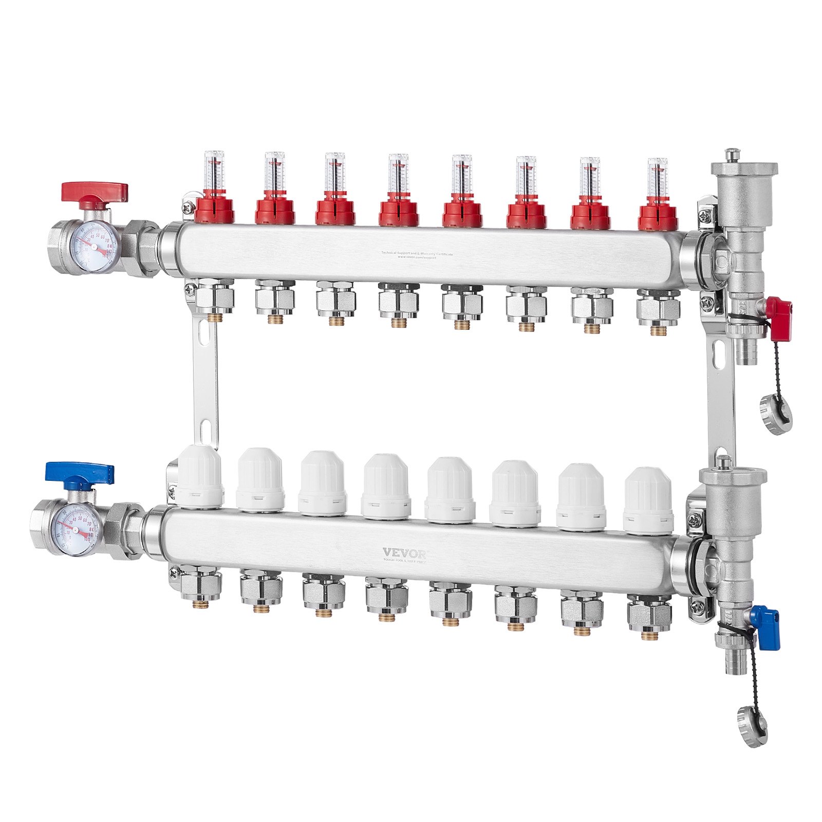 Colector de calor radiante de 8 derivaciones VEVOR, colector de tubería PEX de 1/2", colector PEX de acero inoxidable para calefacción por suelo radiante hidrónico, kit de colector PEX de calor radiante con adaptadores de 1/2" incluidos
