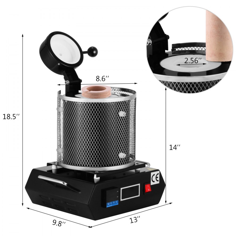 VEVOR Horno de Fusión de Oro, Temperatura Máx. 1150 ℃, Horno de Fusión Eléctrico Digital con Crisol Cerámico de 3 kg para Fundición y Refinación de Metales Preciosos, para Oro/Plata/Aluminio, Negro