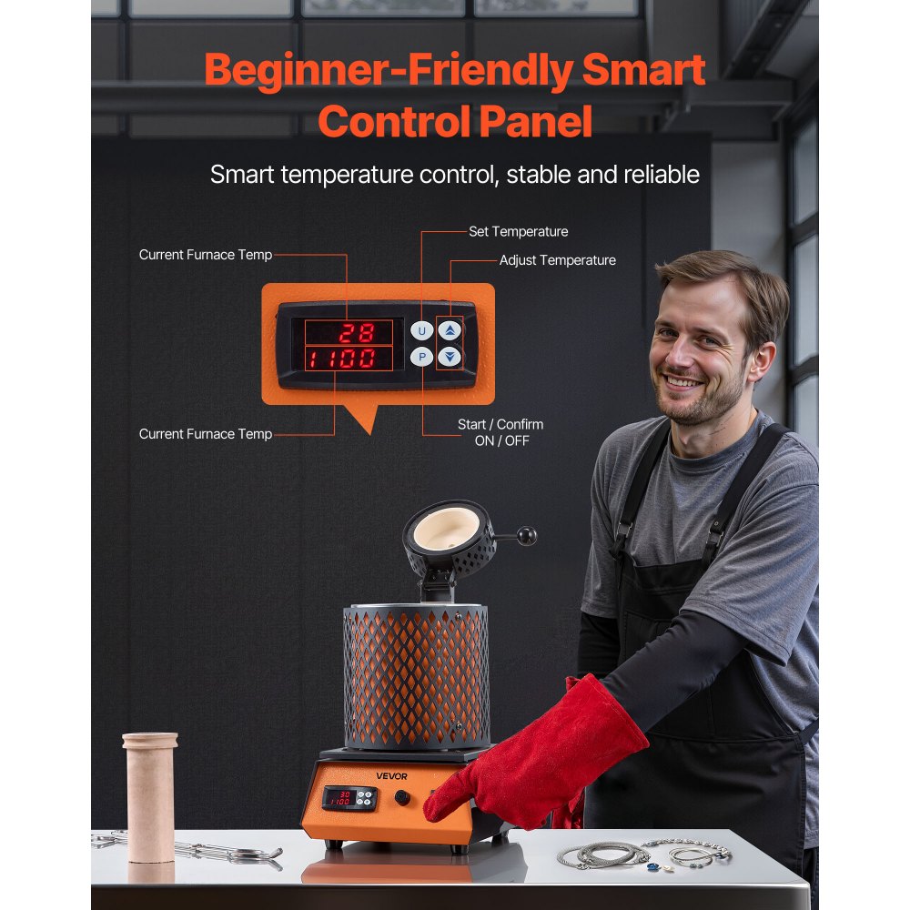 VEVOR Horno de Fusión de Oro Digital, con Crisol Cerámico de 3 kg, 1350 W, máx. 1150 ℃, Kit de Horno de Fusión de Metales para Fabricación de Joyas, Lingotes y Componentes Metálicos, Color Negro