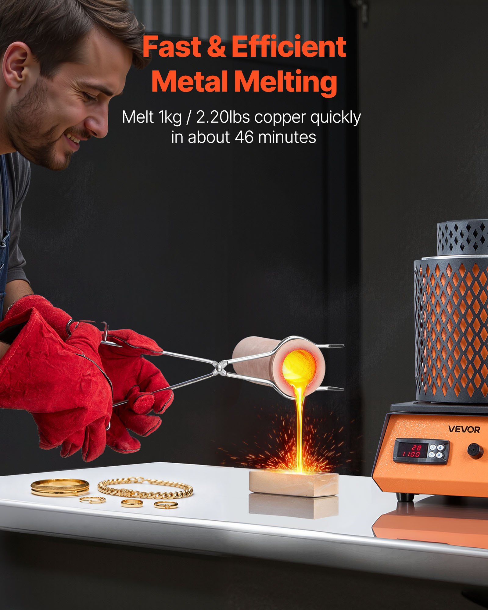VEVOR Horno de Fusión de Oro Digital, con Crisol Cerámico de 3 kg, 1350 W, máx. 1150 ℃, Kit de Horno de Fusión de Metales para Fabricación de Joyas, Lingotes y Componentes Metálicos, Color Negro