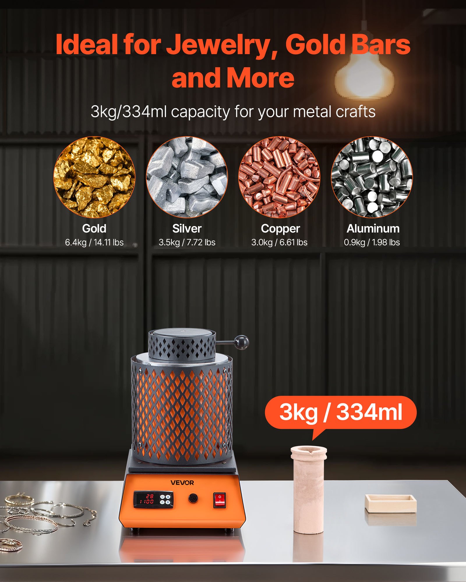 VEVOR Horno de Fusión de Oro Digital, con Crisol Cerámico de 3 kg, 1350 W, máx. 1150 ℃, Kit de Horno de Fusión de Metales para Fabricación de Joyas, Lingotes y Componentes Metálicos, Color Negro
