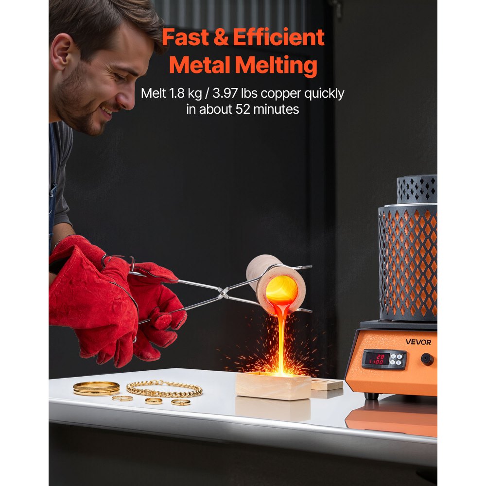 VEVOR Horno de Fusión de Oro Digital, con Crisol Cerámico de 5 kg, 1500 W, máx. 1150 ℃, Kit de Horno de Fusión de Metales para Fabricación de Joyas, Lingotes y Componentes Metálicos, Color Negro