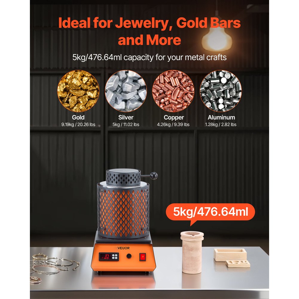 VEVOR Horno de Fusión de Oro Digital, con Crisol Cerámico de 5 kg, 1500 W, máx. 1150 ℃, Kit de Horno de Fusión de Metales para Fabricación de Joyas, Lingotes y Componentes Metálicos, Color Negro