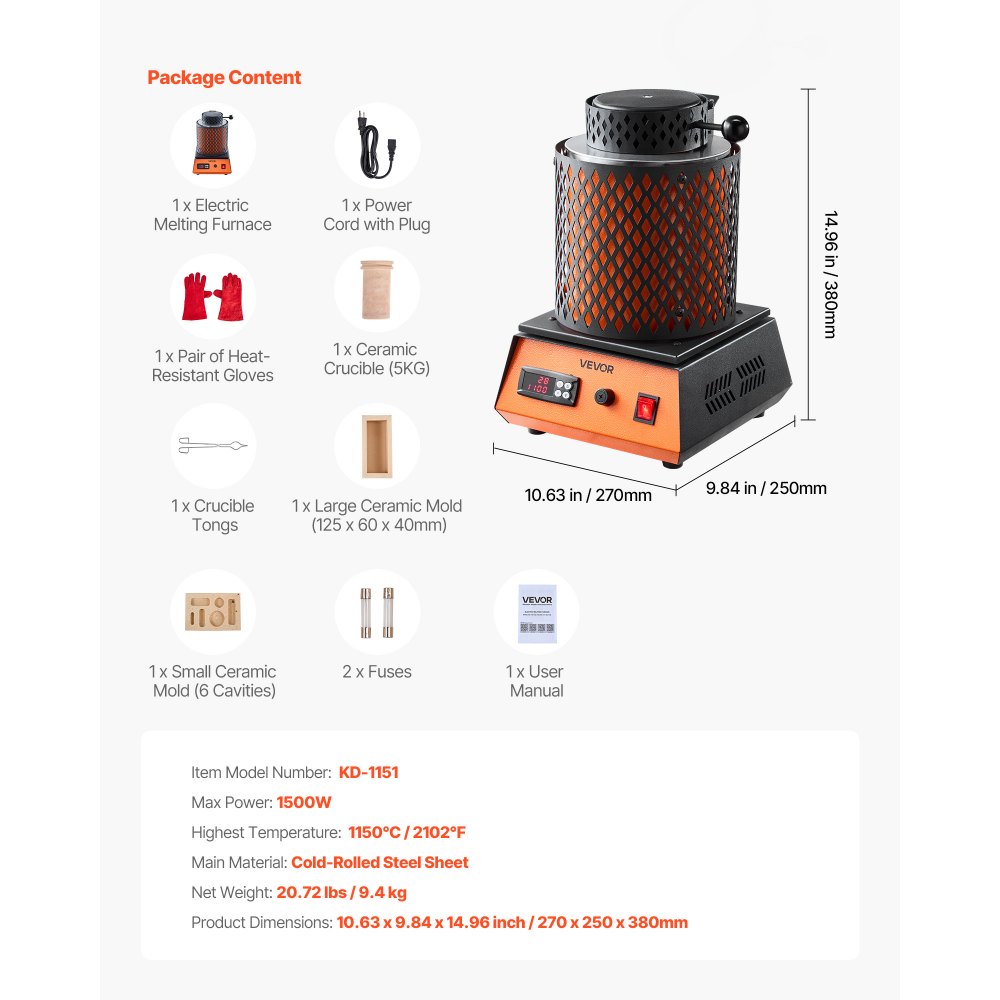 VEVOR Horno de Fusión de Oro Digital, con Crisol Cerámico de 5 kg, 1500 W, máx. 1150 ℃, Kit de Horno de Fusión de Metales para Fabricación de Joyas, Lingotes y Componentes Metálicos, Color Negro