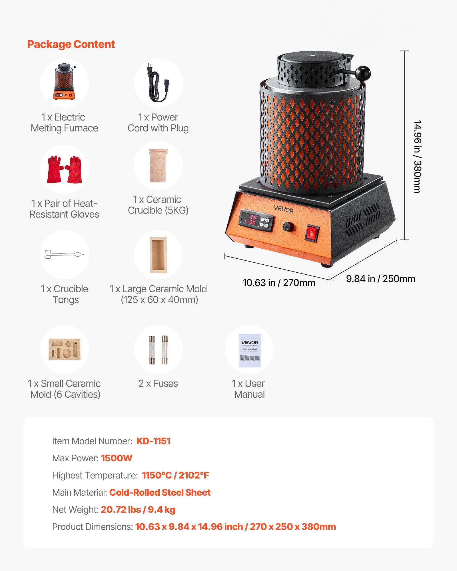 VEVOR Horno de Fusión de Oro Digital, con Crisol Cerámico de 5 kg, 1500 W, máx. 1150 ℃, Kit de Horno de Fusión de Metales para Fabricación de Joyas, Lingotes y Componentes Metálicos, Color Negro