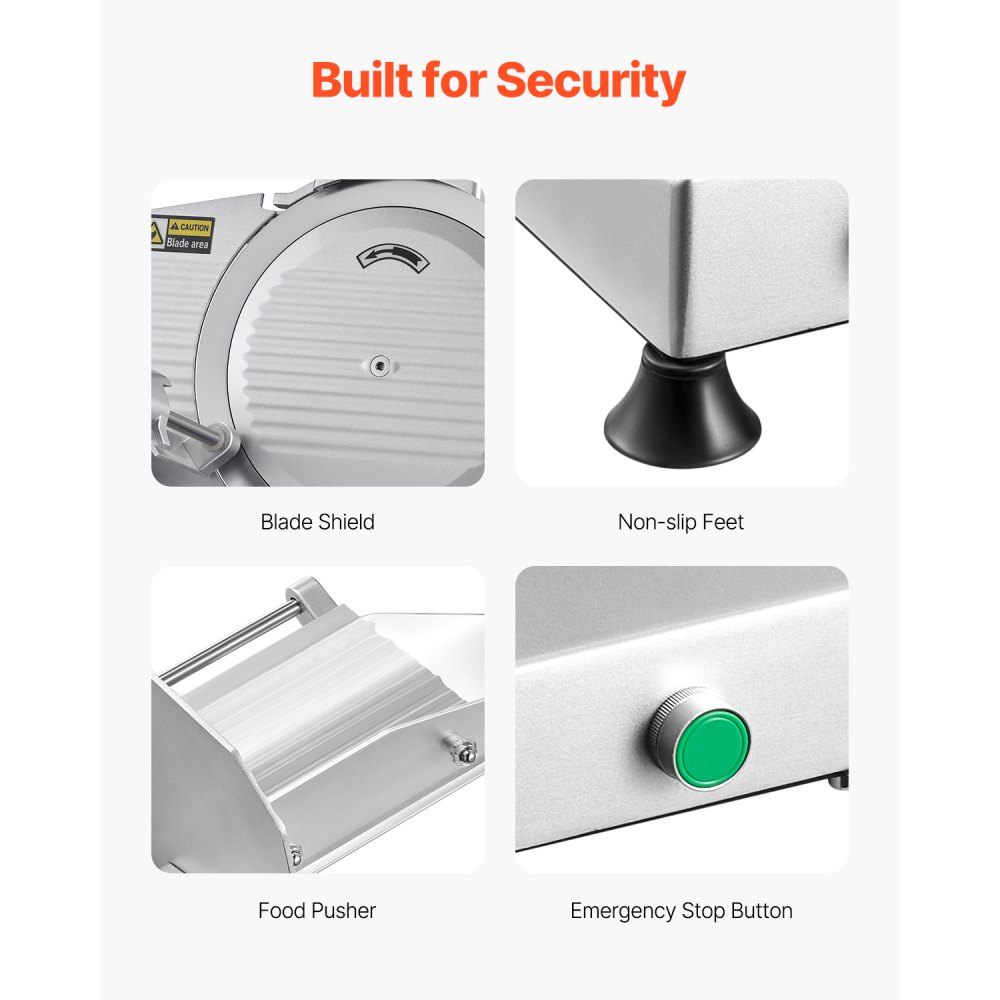 VEVOR Cortadora de Carne Comercial, Cortadora de Alimentos Eléctrica, 180 W con una Cuchilla Premium de 65 Mn, Grosor Ajustable 0-10 mm, para Carne, Verduras, Pan Duro, Queso, 480 x 400 x 410 mm