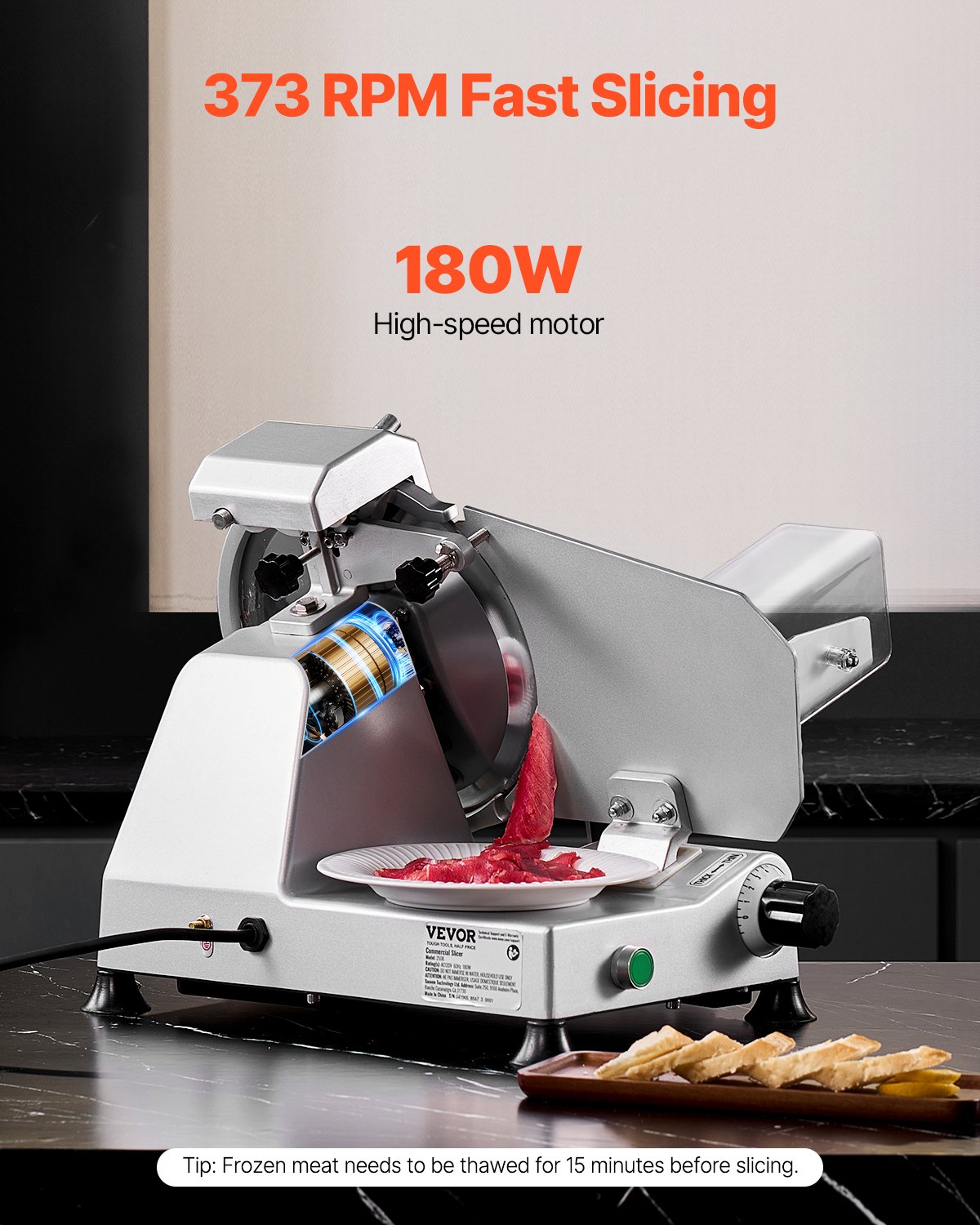VEVOR Cortadora de Carne Comercial, Cortadora de Alimentos Eléctrica, 180 W con una Cuchilla Premium de 65 Mn, Grosor Ajustable 0-10 mm, para Carne, Verduras, Pan Duro, Queso, 480 x 400 x 410 mm