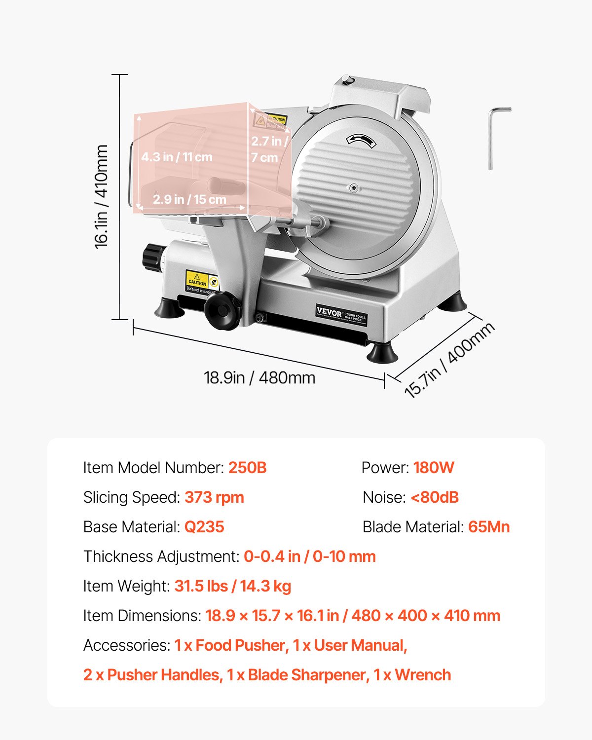 VEVOR Cortadora de Carne Comercial, Cortadora de Alimentos Eléctrica, 180 W con una Cuchilla Premium de 65 Mn, Grosor Ajustable 0-10 mm, para Carne, Verduras, Pan Duro, Queso, 480 x 400 x 410 mm