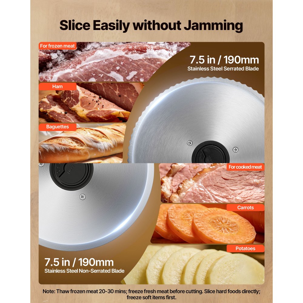 VEVOR Cortafiambres Eléctrico 200 W, Cortadora de Fiambre con 2 Cuchillas SUS420 de 190 mm, Velocidad de Corte de 75 a 100 RPM, Grosor Ajustable de 0 a 15 mm, para Carne Congelada, Jamón, Baguette