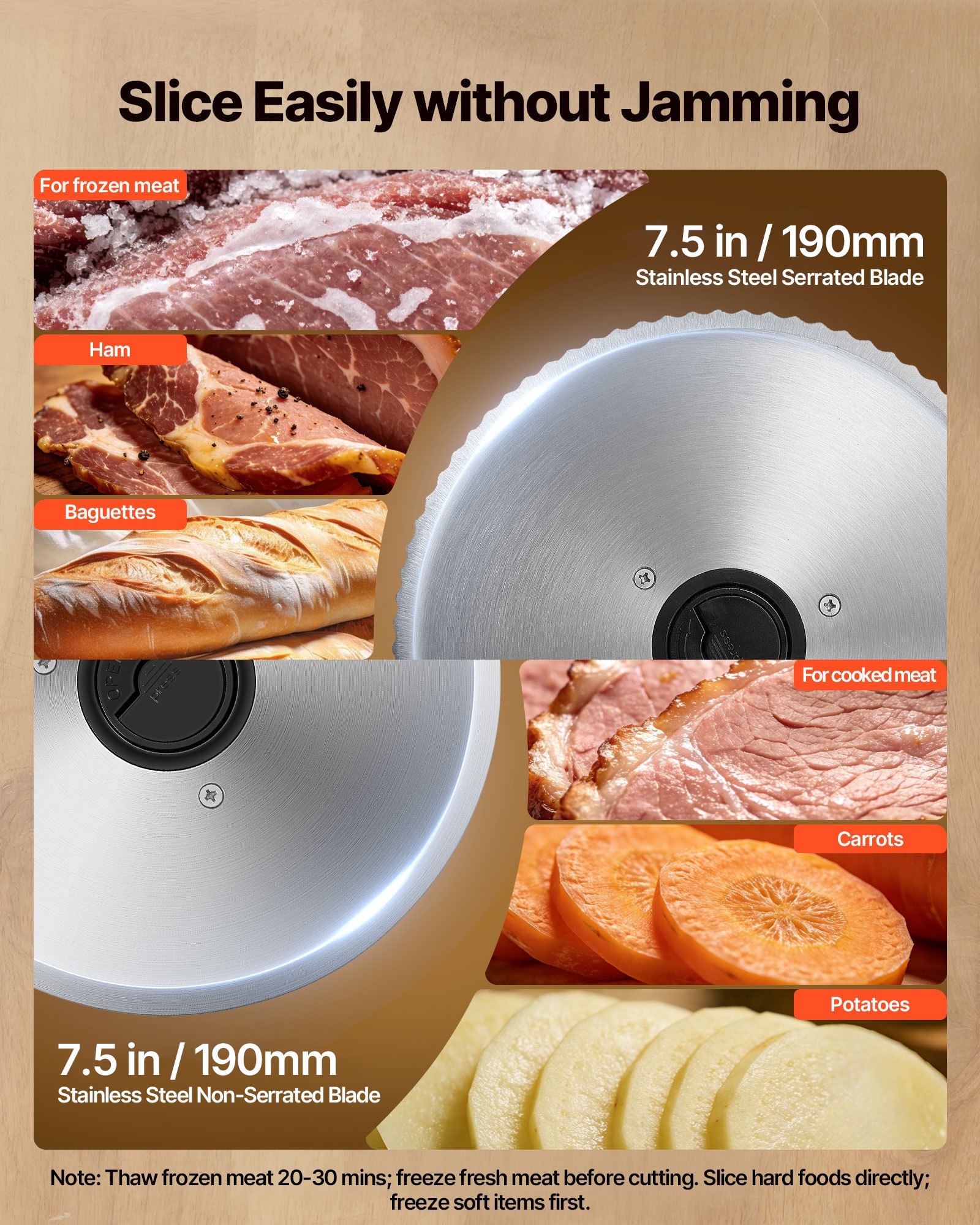 VEVOR Cortafiambres Eléctrico 200 W, Cortadora de Fiambre con 2 Cuchillas SUS420 de 190 mm, Velocidad de Corte de 75 a 100 RPM, Grosor Ajustable de 0 a 15 mm, para Carne Congelada, Jamón, Baguette