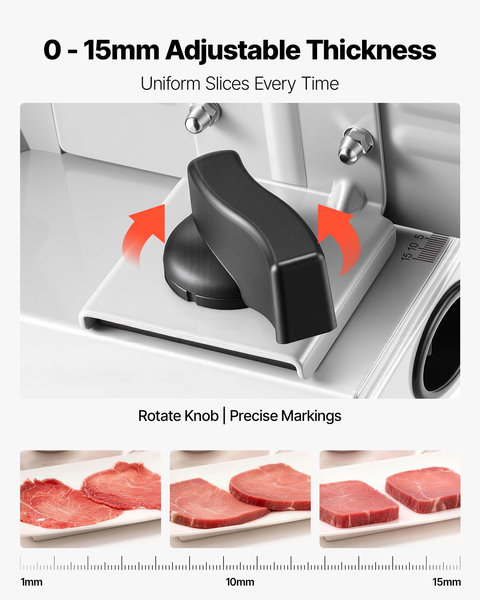 VEVOR Cortafiambres Eléctrico 200 W, Cortadora de Fiambre con 2 Cuchillas SUS420 de 190 mm, Velocidad de Corte de 75 a 100 RPM, Grosor Ajustable de 0 a 15 mm, para Carne Congelada, Jamón, Baguette