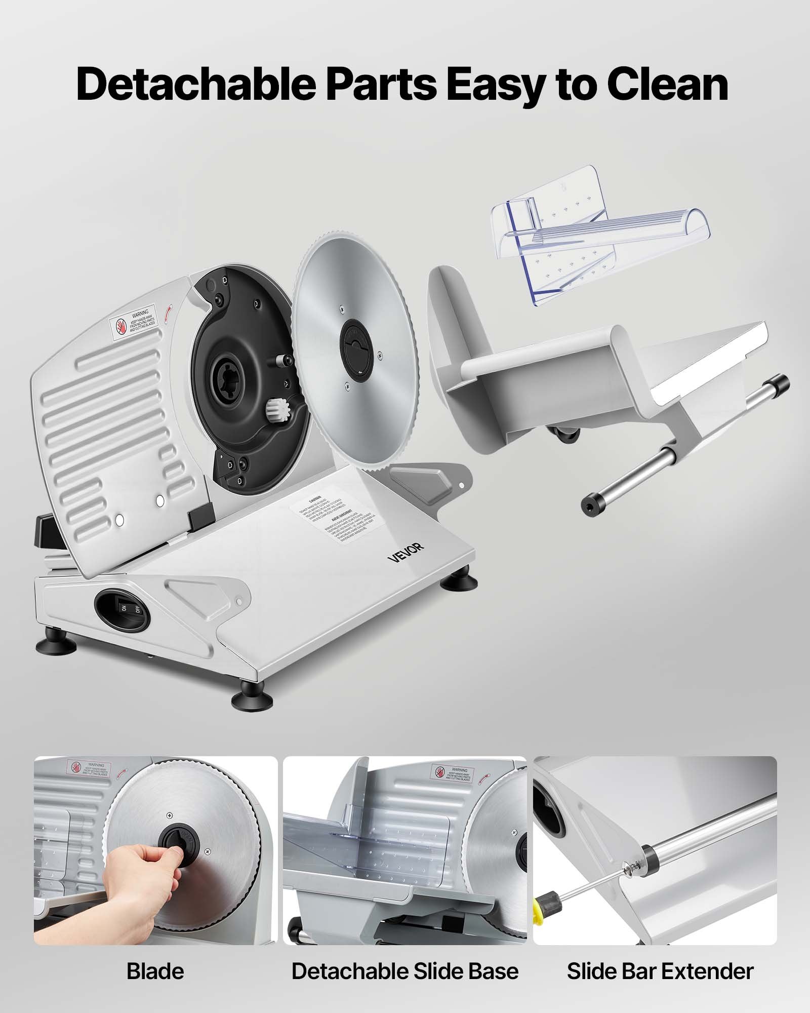 VEVOR Cortafiambres Eléctrico 200 W, Cortadora de Fiambre con 2 Cuchillas SUS420 de 190 mm, Velocidad de Corte de 75 a 100 RPM, Grosor Ajustable de 0 a 15 mm, para Carne Congelada, Jamón, Baguette