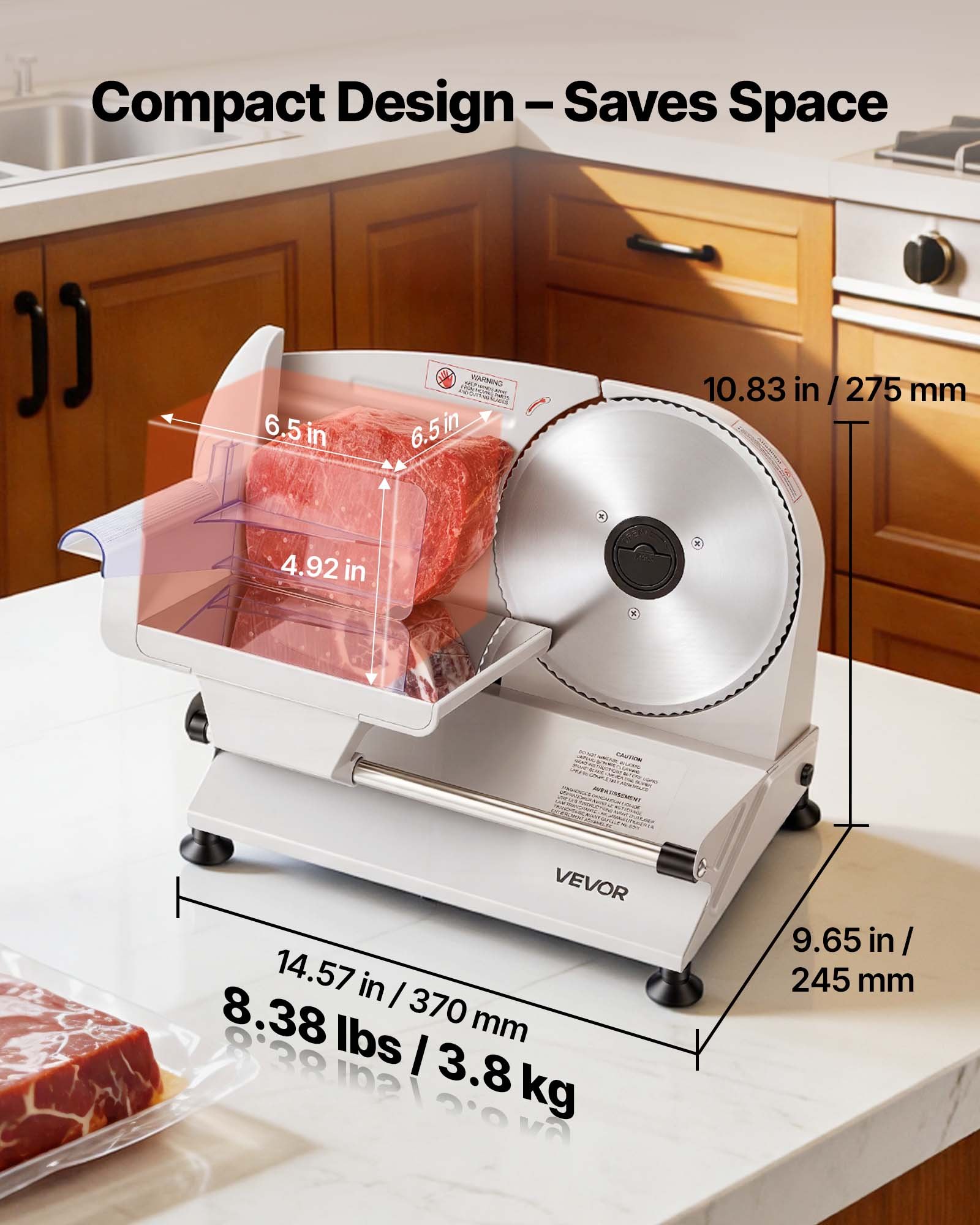 VEVOR Cortafiambres Eléctrico 200 W, Cortadora de Fiambre con 2 Cuchillas SUS420 de 190 mm, Velocidad de Corte de 75 a 100 RPM, Grosor Ajustable de 0 a 15 mm, para Carne Congelada, Jamón, Baguette