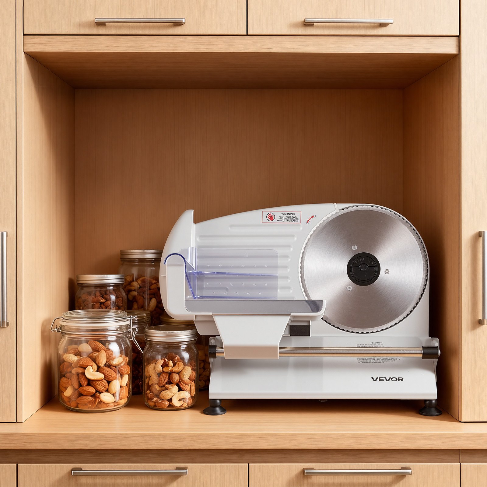 VEVOR Cortafiambres Eléctrico 200 W, Cortadora de Fiambre con 2 Cuchillas SUS420 de 190 mm, Velocidad de Corte de 75 a 100 RPM, Grosor Ajustable de 0 a 15 mm, para Carne Congelada, Jamón, Baguette