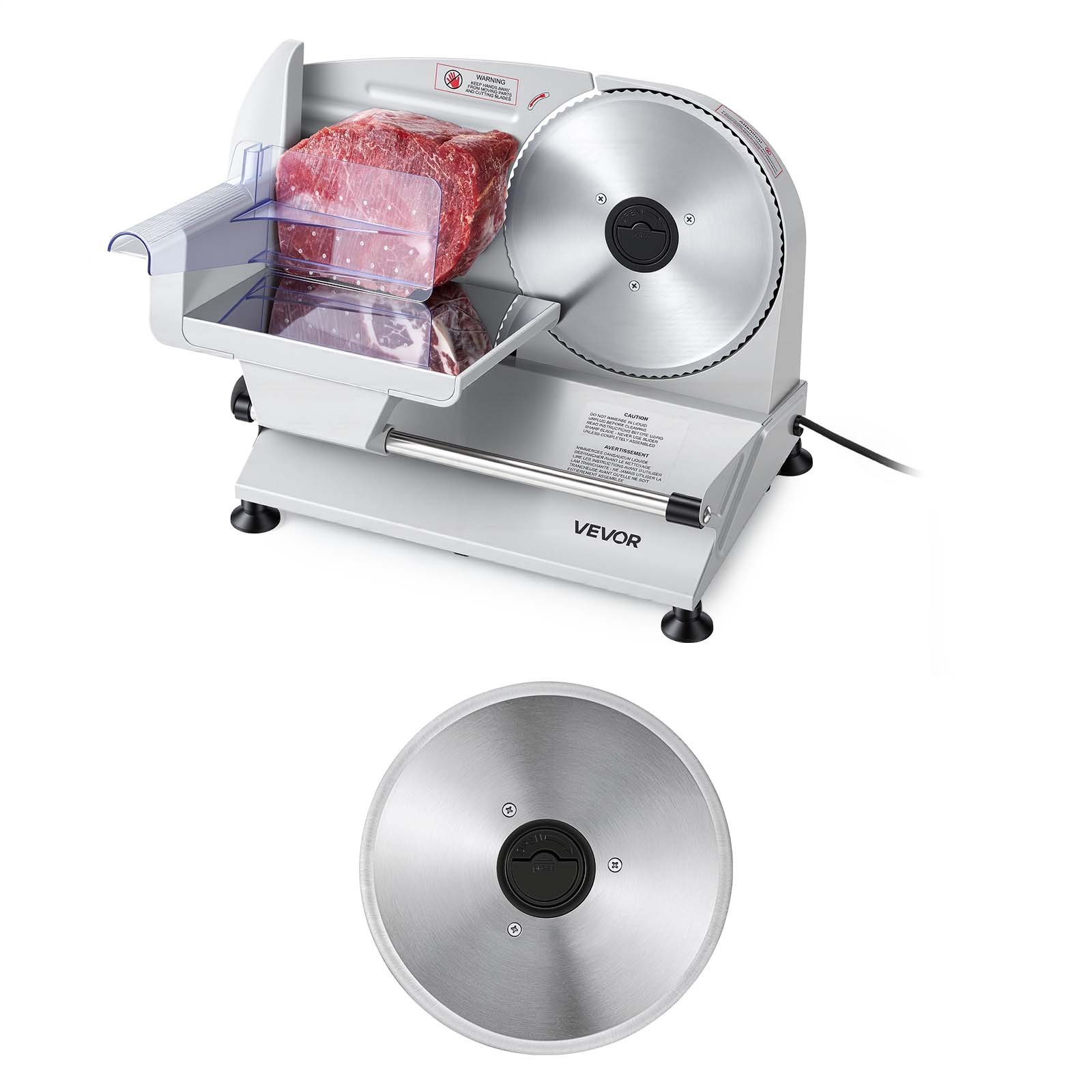 VEVOR Cortafiambres Eléctrico 200 W, Cortadora de Fiambre con 2 Cuchillas SUS420 de 190 mm, Velocidad de Corte de 75 a 100 RPM, Grosor Ajustable de 0 a 15 mm, para Carne Congelada, Jamón, Baguette