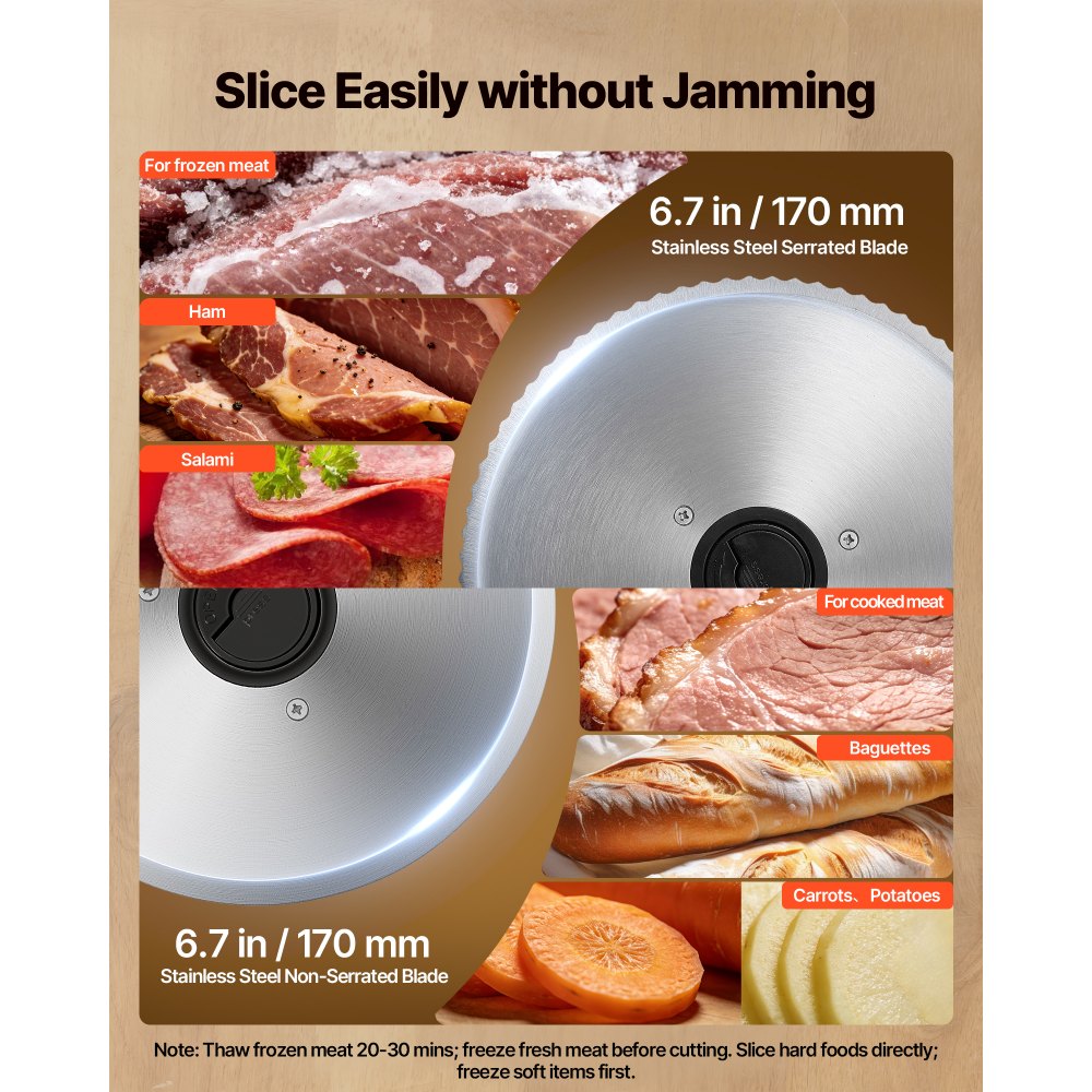 VEVOR Cortafiambres Eléctrico 150 W, Cortadora de Fiambre con Cuchilla Afilada de 170 mm, Velocidad de Corte de 65 a 90 RPM, Grosor Ajustable de 0 a 15 mm, para Carne Congelada, Jamón, Baguette
