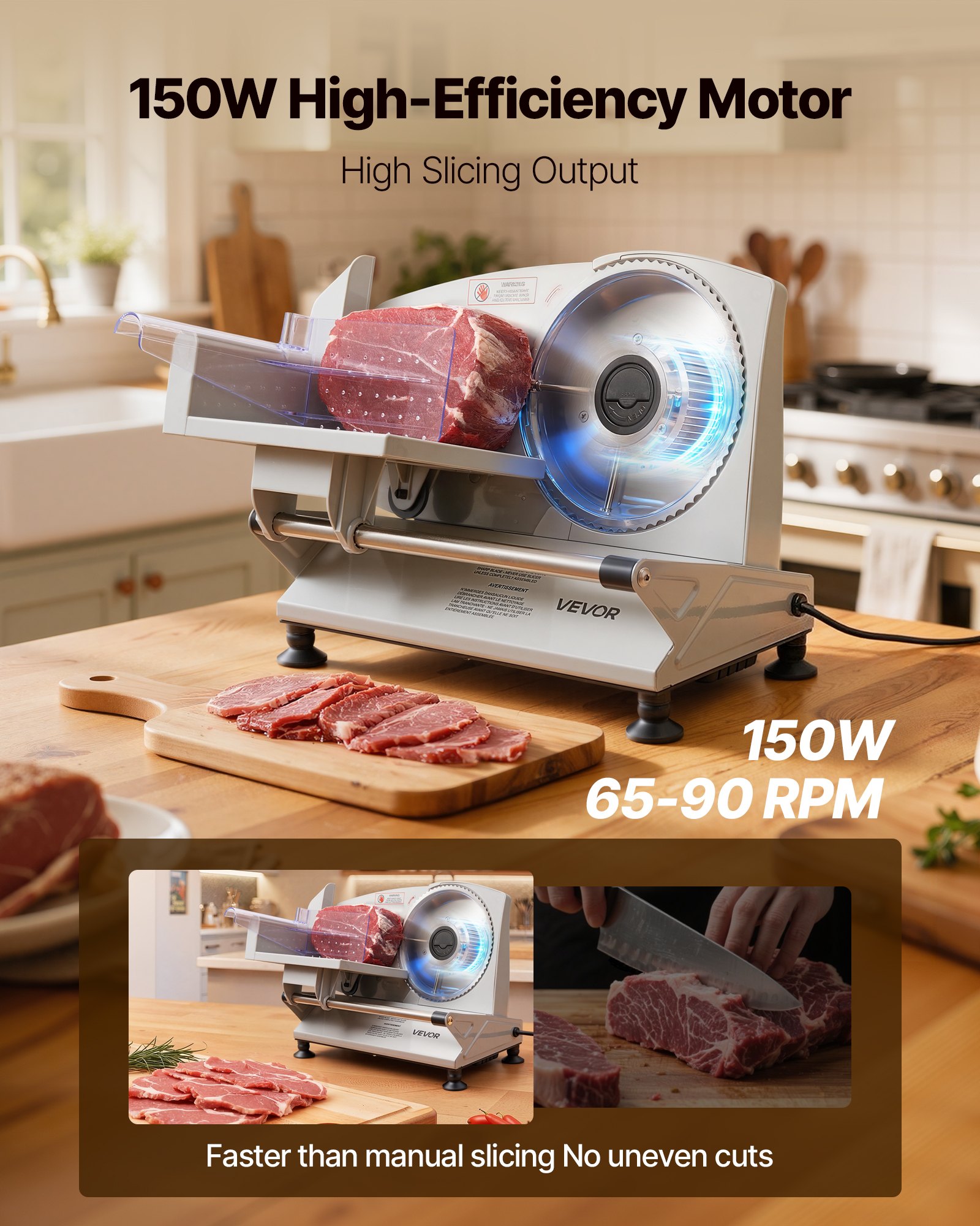 VEVOR Cortafiambres Eléctrico 150 W, Cortadora de Fiambre con Cuchilla Afilada de 170 mm, Velocidad de Corte de 65 a 90 RPM, Grosor Ajustable de 0 a 15 mm, para Carne Congelada, Jamón, Baguette