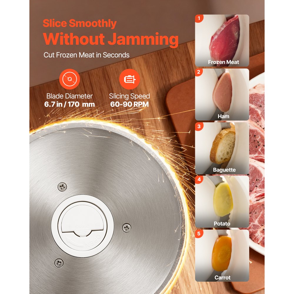 VEVOR Cortafiambres Eléctrico 180 W, Cortadora de Fiambre con Cuchilla Afilada de 170 mm, Velocidad de Corte de 60 a 90 RPM, Grosor Ajustable de 0 a 15 mm, para Carne Congelada, Jamón, Baguette