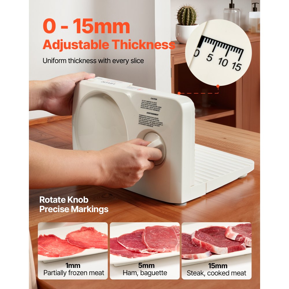 VEVOR Cortafiambres Eléctrico 180 W, Cortadora de Fiambre con Cuchilla Afilada de 170 mm, Velocidad de Corte de 60 a 90 RPM, Grosor Ajustable de 0 a 15 mm, para Carne Congelada, Jamón, Baguette