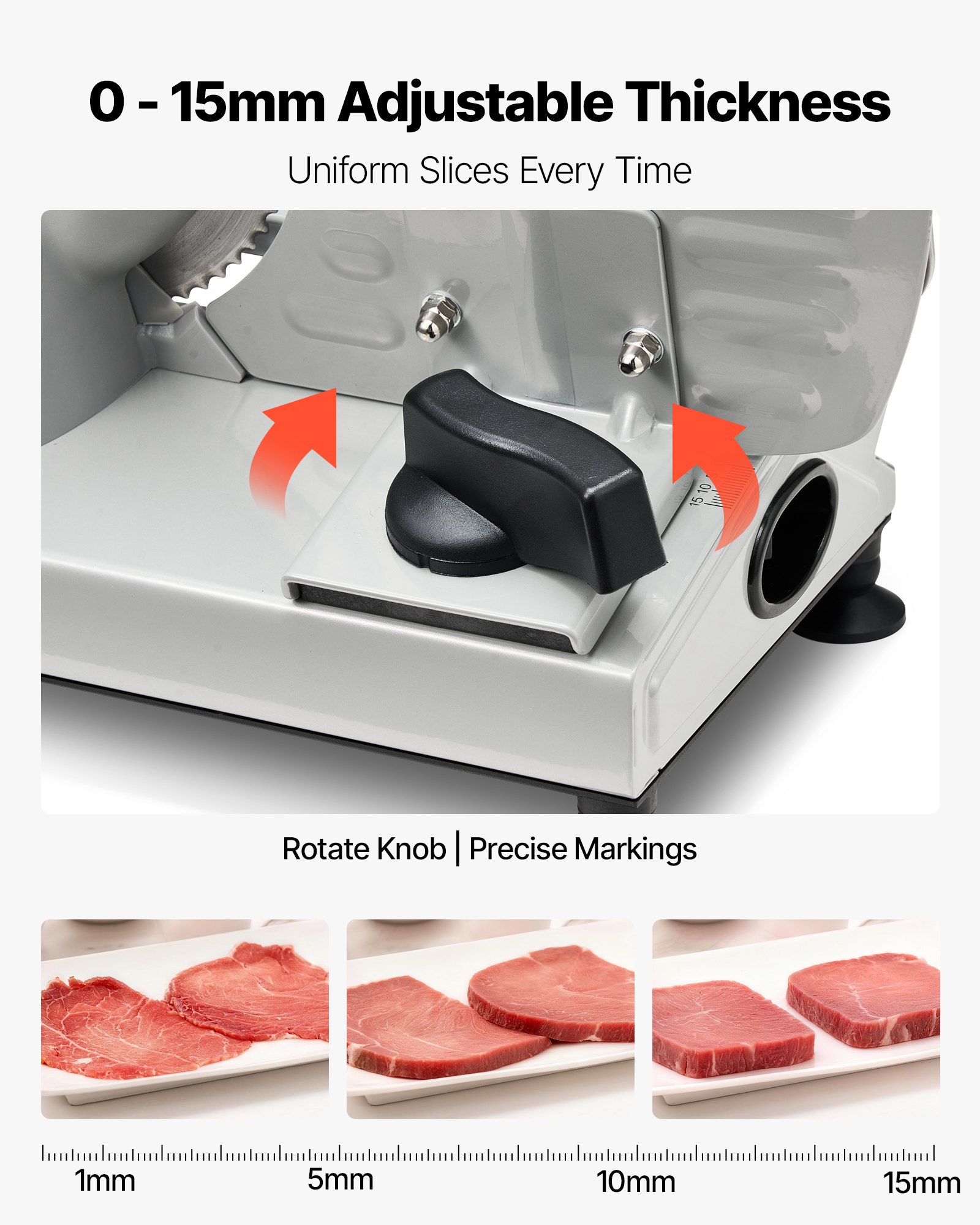 VEVOR Cortafiambres Eléctrico 150 W, Cortadora de Fiambre con Cuchilla Afilada de 170 mm, Velocidad de Corte de 65 a 90 RPM, Grosor Ajustable de 0 a 15 mm, para Carne Congelada, Jamón, Baguette