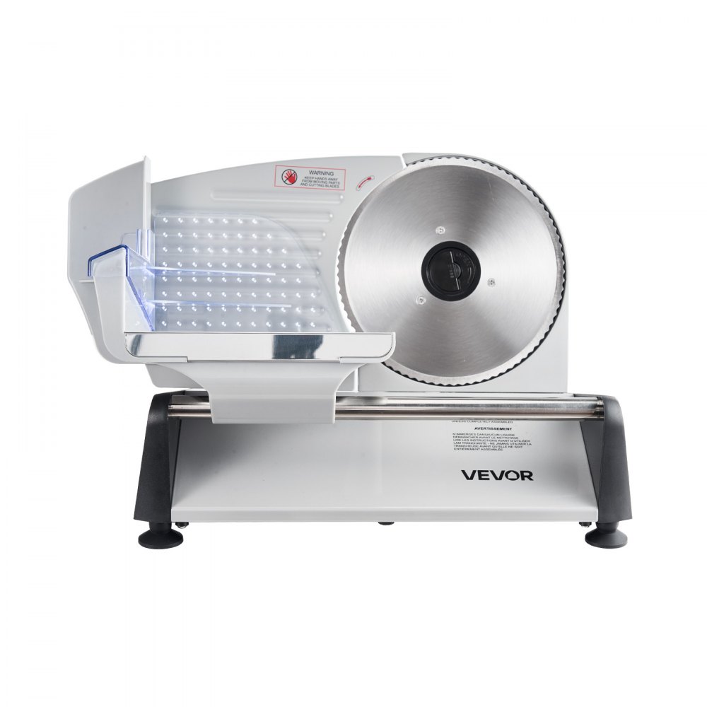VEVOR Cortafiambres Eléctrico 200 W, Cortadora de Fiambre con Cuchilla Afilada de 190 mm, Velocidad de Corte de 70 a 100 RPM, Grosor Ajustable de 0 a 15 mm, para Carne Congelada, Jamón, Baguette