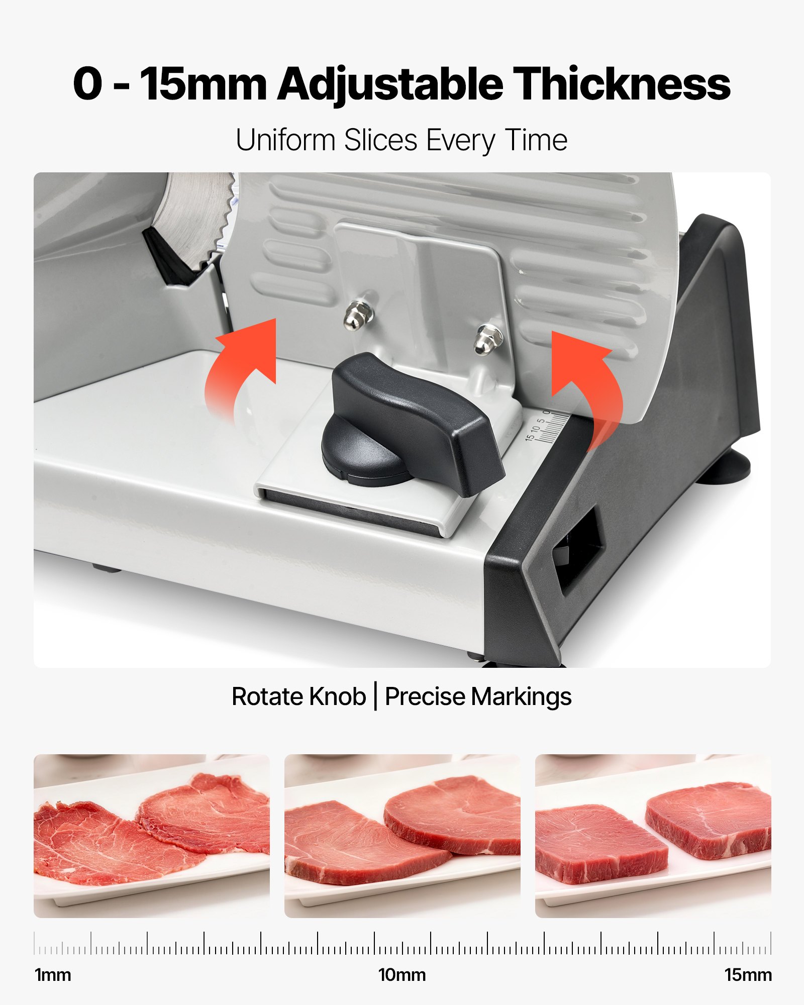 VEVOR Cortafiambres Eléctrico 200 W, Cortadora de Fiambre con Cuchilla Afilada de 190 mm, Velocidad de Corte de 70 a 100 RPM, Grosor Ajustable de 0 a 15 mm, para Carne Congelada, Jamón, Baguette