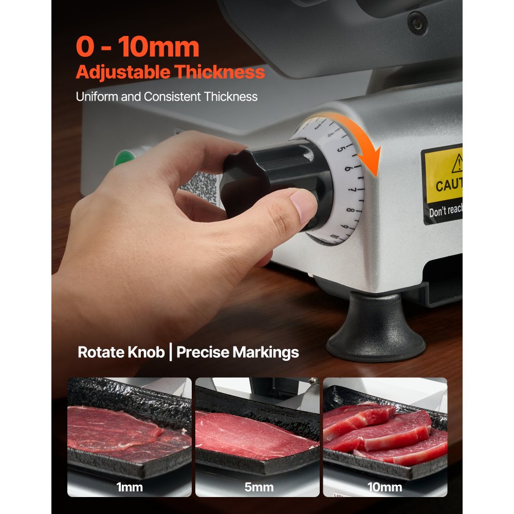 VEVOR Cortafiambres Eléctrico Comercial 320 W, Cortadora de Fiambre con Cuchilla Afilada de 250 mm, Velocidad de Corte de 450 RPM, Grosor Ajustable de 0 a 10 mm, para Carne Congelada, Jamón, Baguette