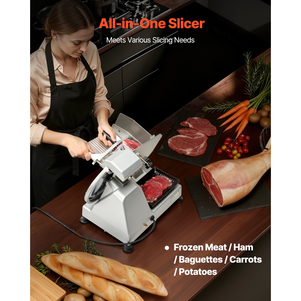VEVOR Cortafiambres Eléctrico Comercial 320 W, Cortadora de Fiambre con Cuchilla Afilada de 250 mm, Velocidad de Corte de 450 RPM, Grosor Ajustable de 0 a 10 mm, para Carne Congelada, Jamón, Baguette