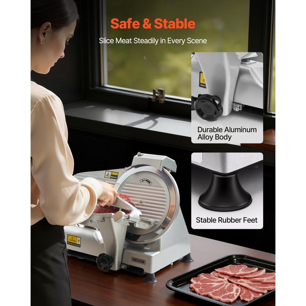 VEVOR Cortafiambres Eléctrico Comercial 320 W, Cortadora de Fiambre con Cuchilla Afilada de 250 mm, Velocidad de Corte de 450 RPM, Grosor Ajustable de 0 a 10 mm, para Carne Congelada, Jamón, Baguette