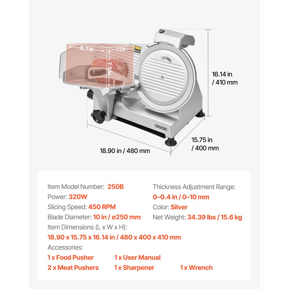 VEVOR Cortafiambres Eléctrico Comercial 320 W, Cortadora de Fiambre con Cuchilla Afilada de 250 mm, Velocidad de Corte de 450 RPM, Grosor Ajustable de 0 a 10 mm, para Carne Congelada, Jamón, Baguette