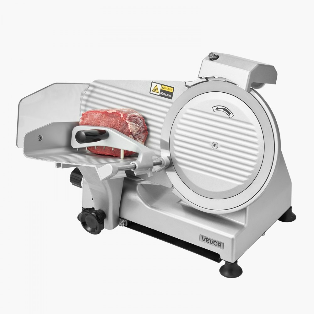 VEVOR Cortafiambres Eléctrico Comercial 320 W, Cortadora de Fiambre con Cuchilla Afilada de 250 mm, Velocidad de Corte de 450 RPM, Grosor Ajustable de 0 a 10 mm, para Carne Congelada, Jamón, Baguette