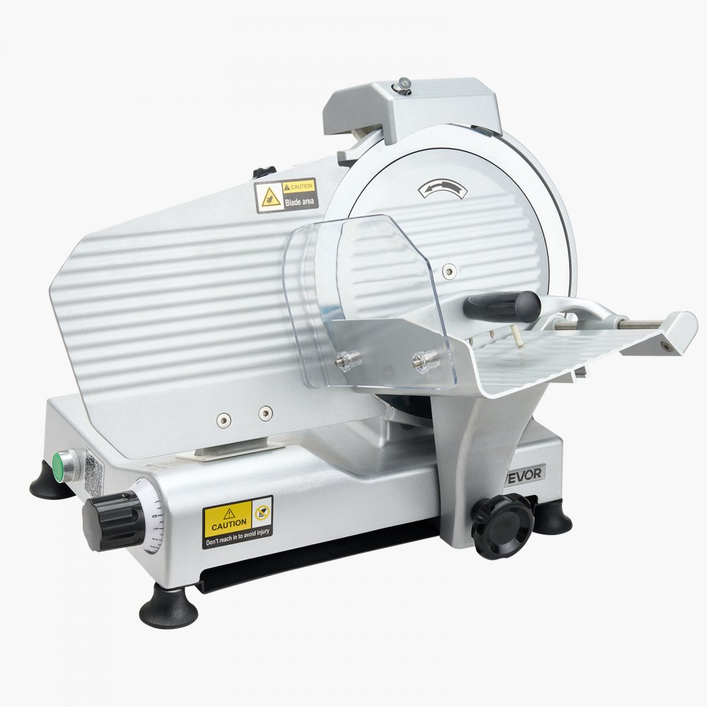 VEVOR Cortafiambres Eléctrico Comercial 320 W, Cortadora de Fiambre con Cuchilla Afilada de 250 mm, Velocidad de Corte de 450 RPM, Grosor Ajustable de 0 a 10 mm, para Carne Congelada, Jamón, Baguette