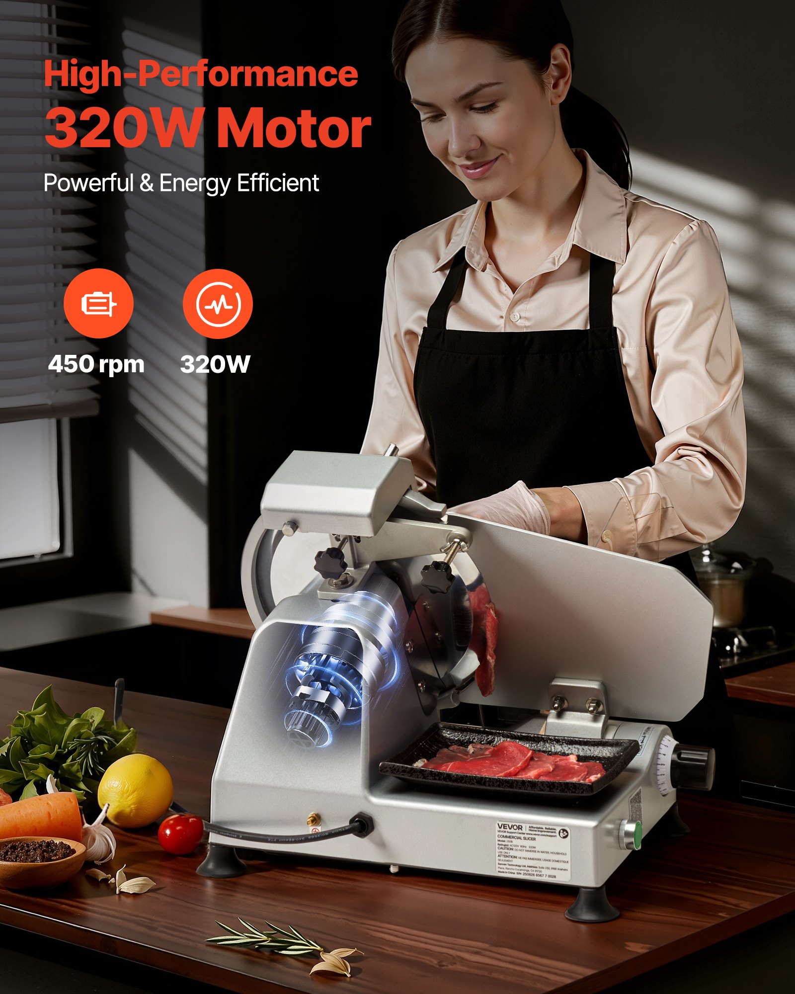 VEVOR Cortafiambres Eléctrico Comercial 320 W, Cortadora de Fiambre con Cuchilla Afilada de 250 mm, Velocidad de Corte de 450 RPM, Grosor Ajustable de 0 a 10 mm, para Carne Congelada, Jamón, Baguette