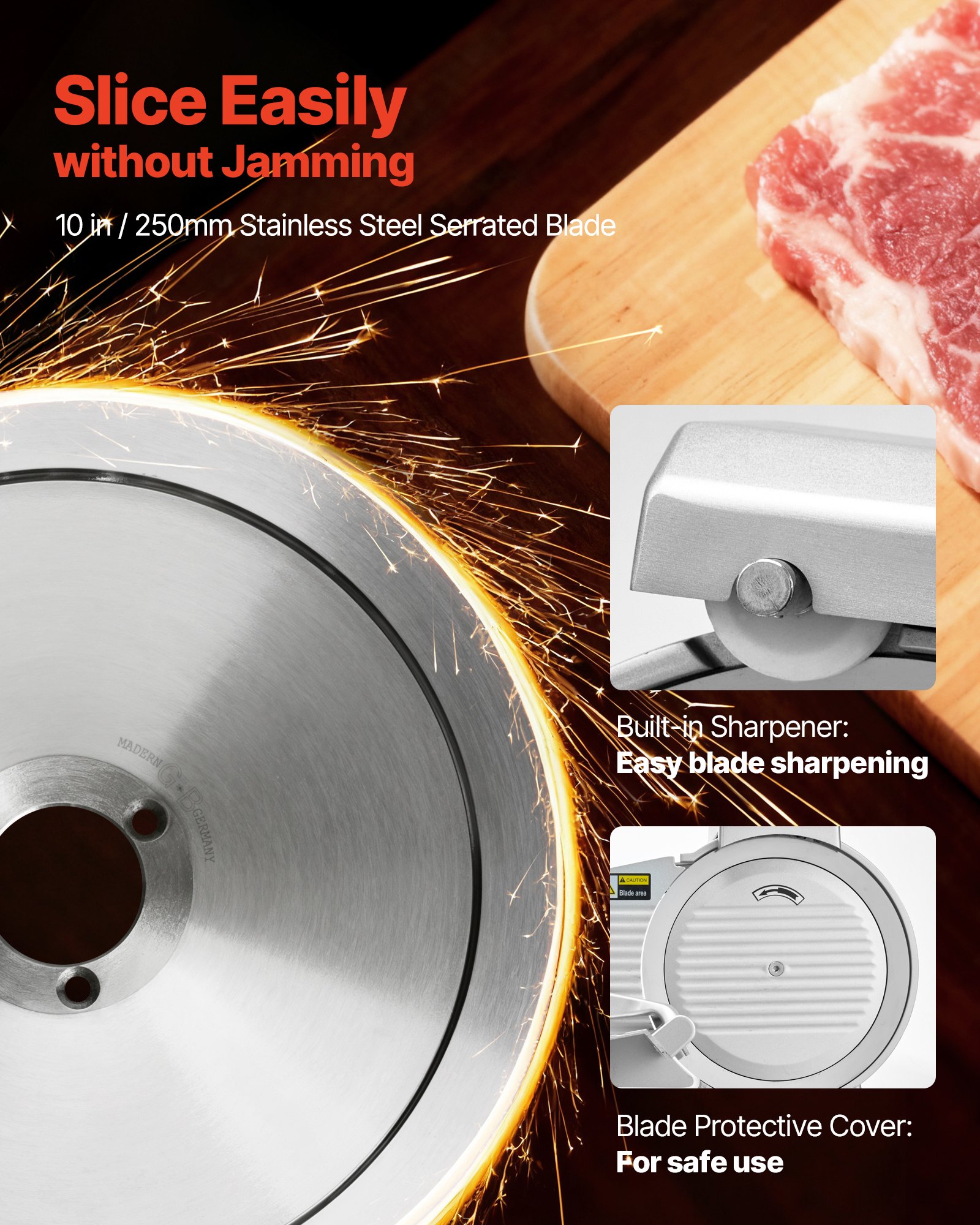 VEVOR Cortafiambres Eléctrico Comercial 320 W, Cortadora de Fiambre con Cuchilla Afilada de 250 mm, Velocidad de Corte de 450 RPM, Grosor Ajustable de 0 a 10 mm, para Carne Congelada, Jamón, Baguette