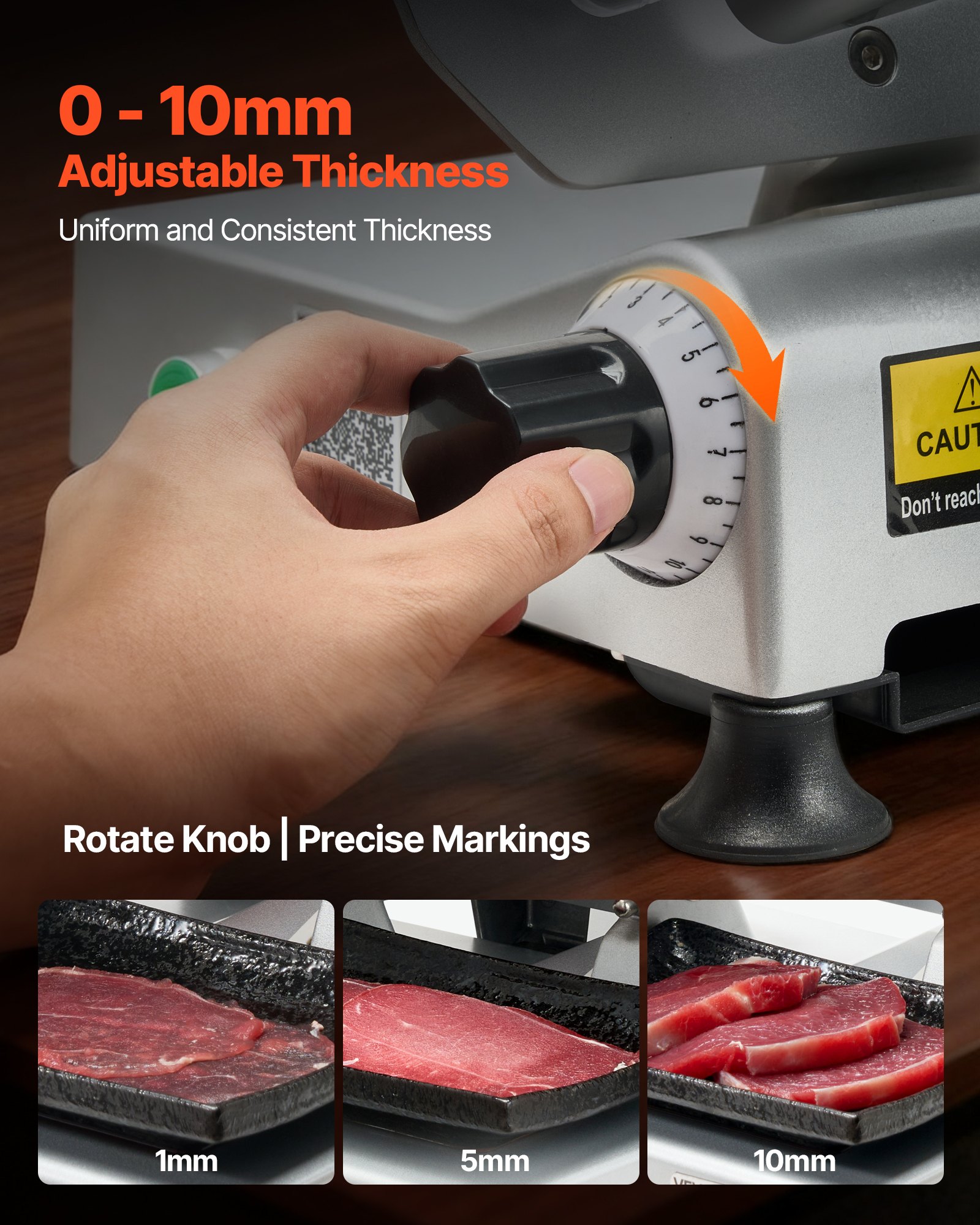 VEVOR Cortafiambres Eléctrico Comercial 320 W, Cortadora de Fiambre con Cuchilla Afilada de 250 mm, Velocidad de Corte de 450 RPM, Grosor Ajustable de 0 a 10 mm, para Carne Congelada, Jamón, Baguette