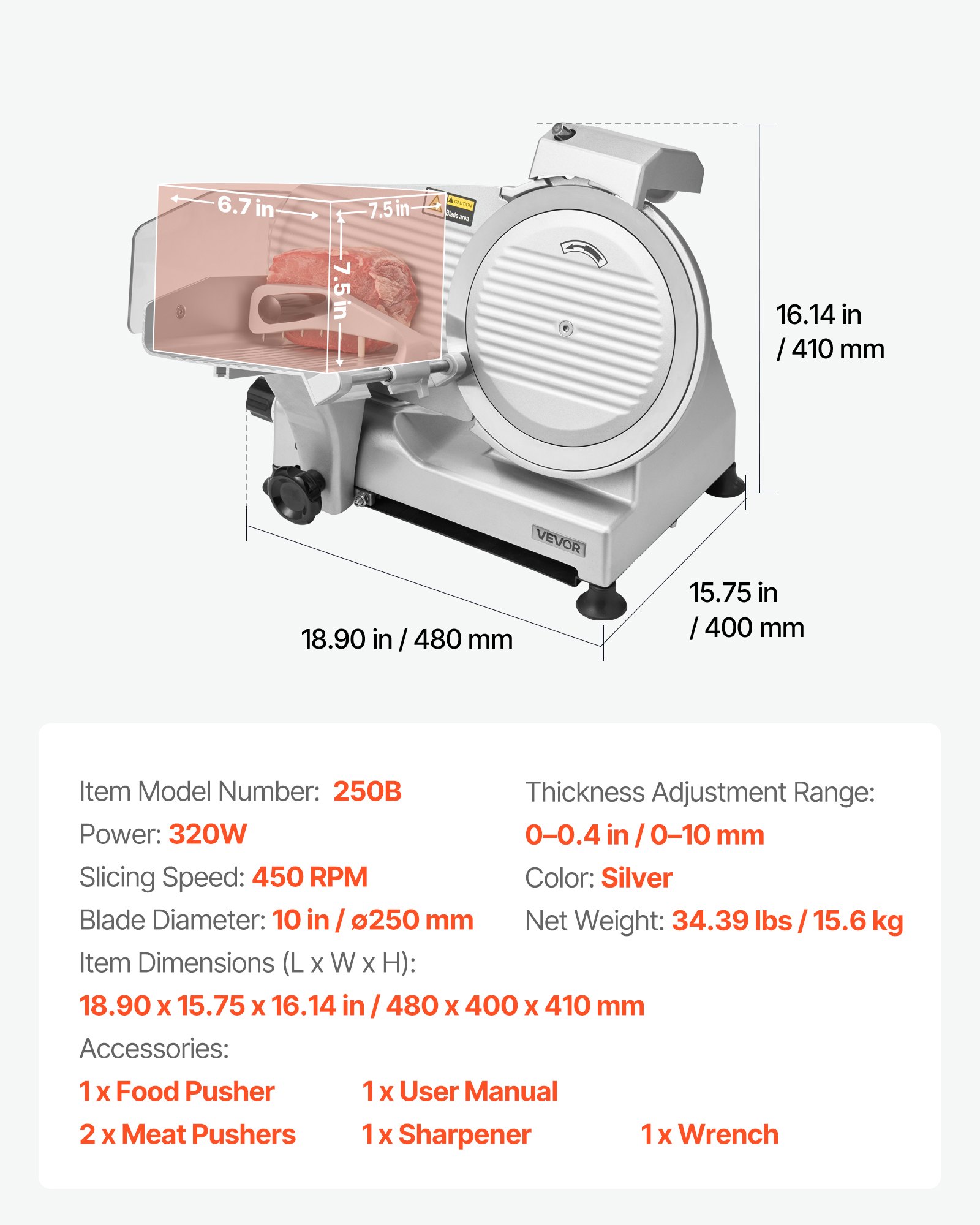 VEVOR Cortafiambres Eléctrico Comercial 320 W, Cortadora de Fiambre con Cuchilla Afilada de 250 mm, Velocidad de Corte de 450 RPM, Grosor Ajustable de 0 a 10 mm, para Carne Congelada, Jamón, Baguette
