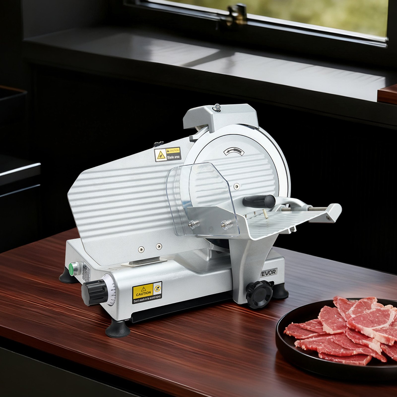 VEVOR Cortafiambres Eléctrico Comercial 320 W, Cortadora de Fiambre con Cuchilla Afilada de 250 mm, Velocidad de Corte de 450 RPM, Grosor Ajustable de 0 a 10 mm, para Carne Congelada, Jamón, Baguette