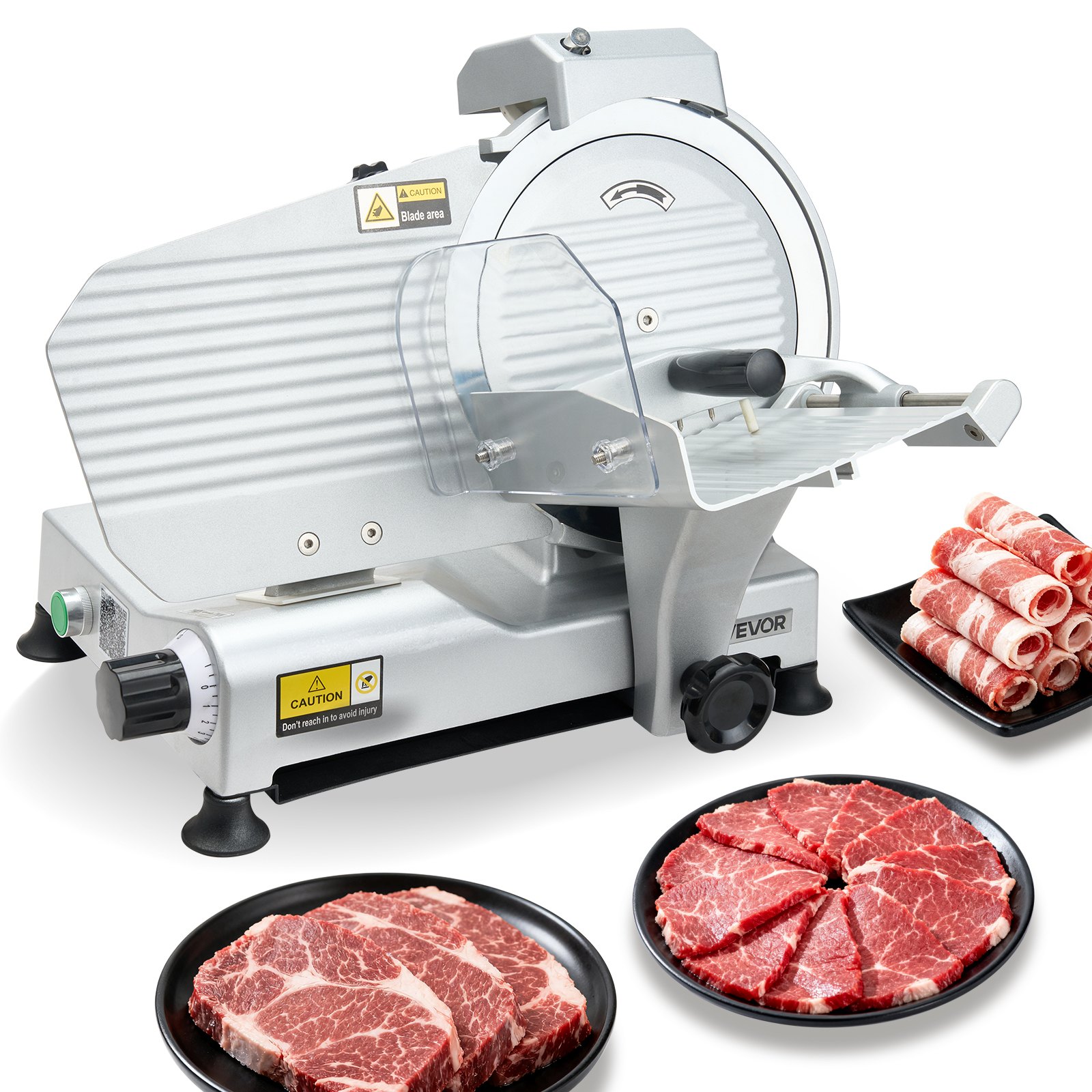 VEVOR Cortafiambres Eléctrico Comercial 320 W, Cortadora de Fiambre con Cuchilla Afilada de 250 mm, Velocidad de Corte de 450 RPM, Grosor Ajustable de 0 a 10 mm, para Carne Congelada, Jamón, Baguette