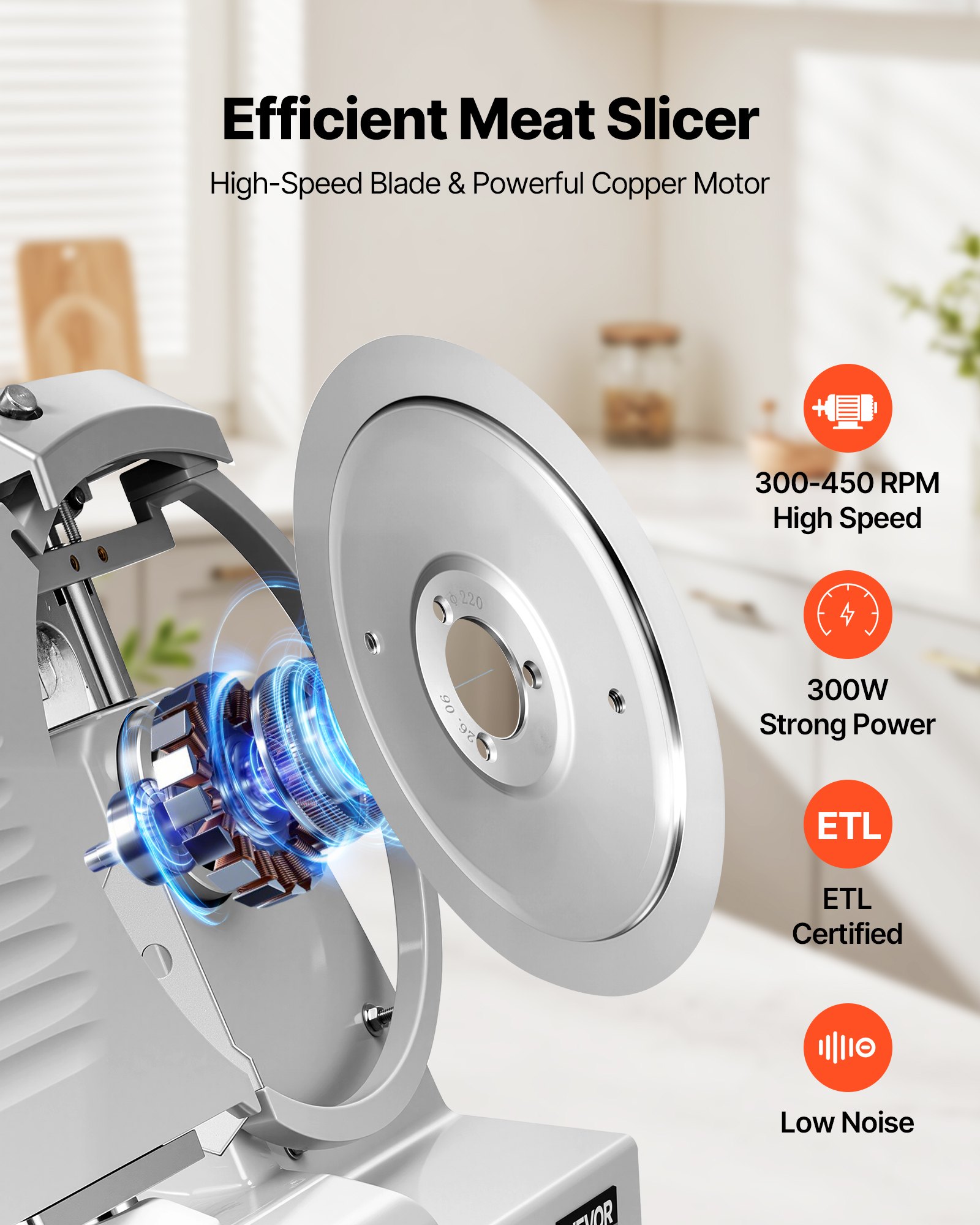 VEVOR Cortafiambres Eléctrico 300 W, Cortadora de Carne Comercial con Cuchilla de Acero al Carbono de 250 mm, Afilador Incorporado, Grosor Ajustable de 0-12 mm para Carne Congelada, Jamón, Baguette