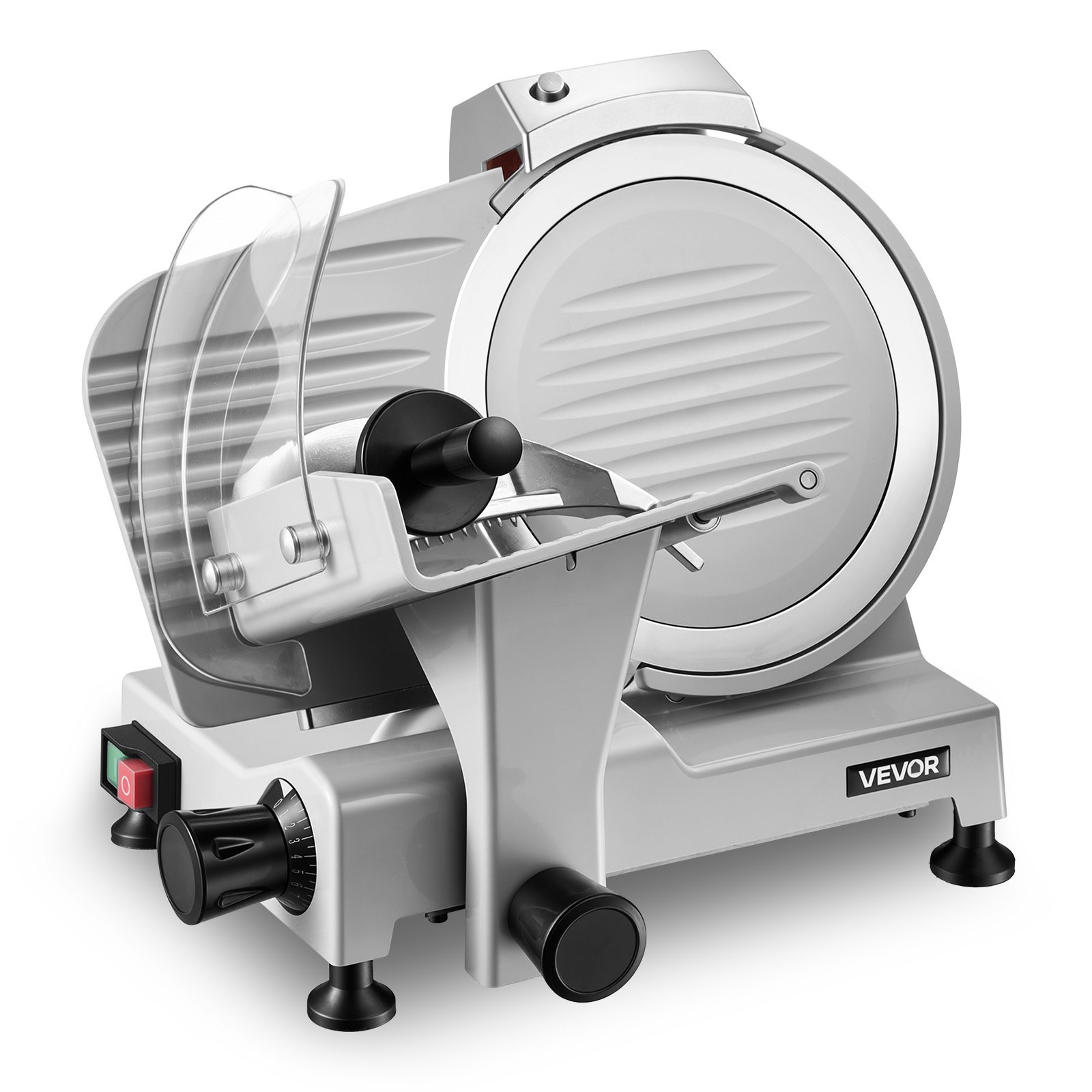 VEVOR Cortafiambres Eléctrico 300 W, Cortadora de Carne Comercial con Cuchilla de Acero al Carbono de 250 mm, Afilador Incorporado, Grosor Ajustable de 0-12 mm para Carne Congelada, Jamón, Baguette