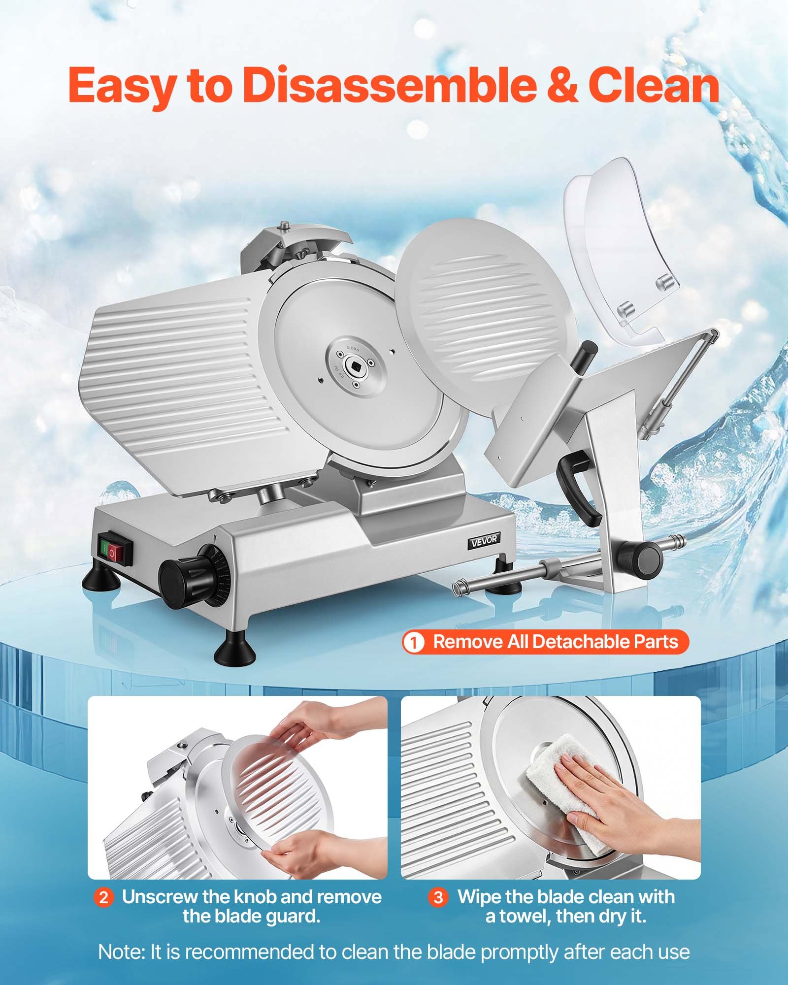 VEVOR Cortafiambres Eléctrico 400 W, Cortadora de Carne Comercial con Cuchilla de Acero al Carbono de 30 cm y bandeja para alimentos, Grosor Ajustable de 0-15 mm para Carne, Jamón, Baguette, Filete