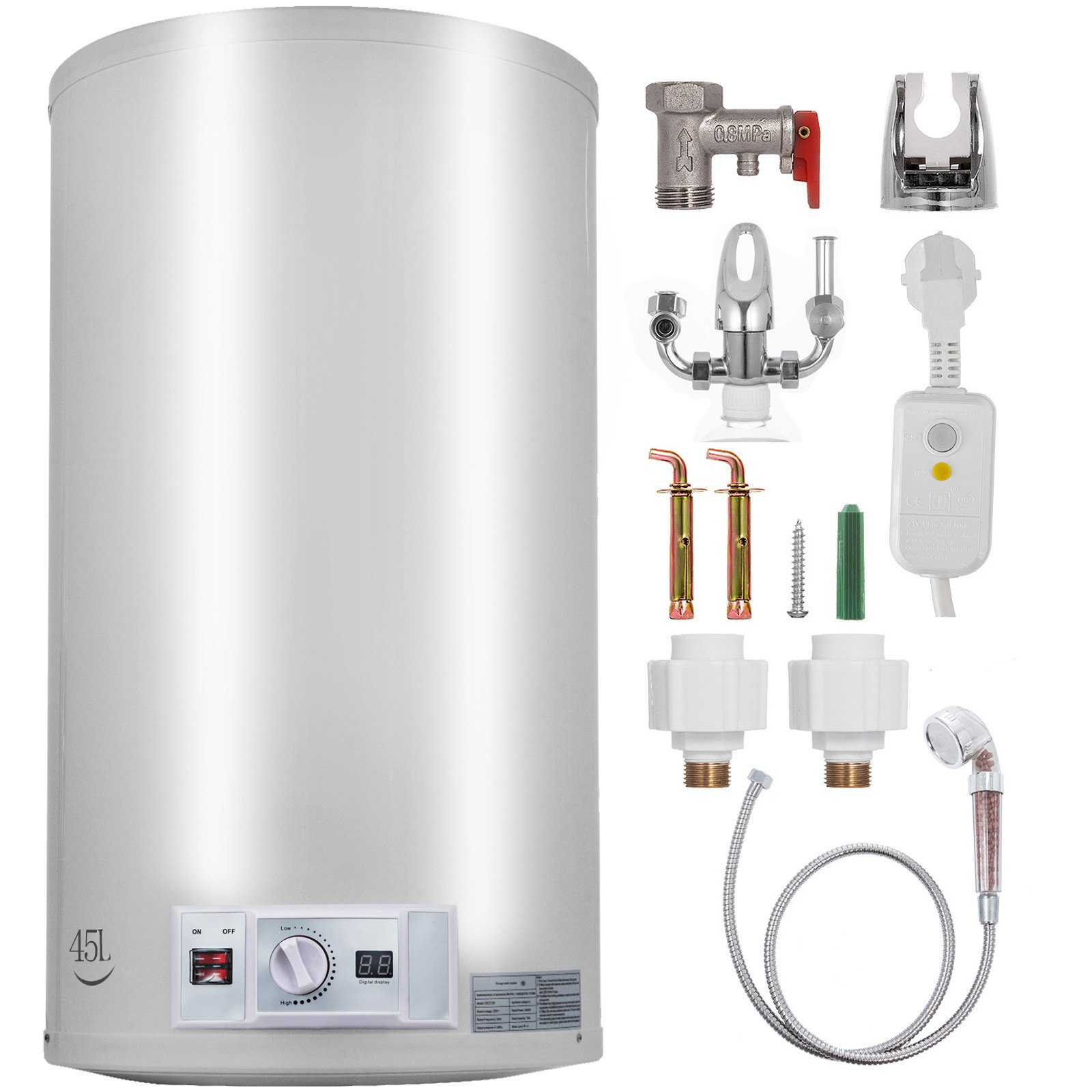 VEVOR Calentador de Agua Eléctrico 2 kW Calentador de Agua Calentador de Agua Instantáneo Eléctrico 45 L Rango de Ajuste de Temperatura 30 - 75 ℃ Presión de Agua de 0,7 MPA para Montado en Pared