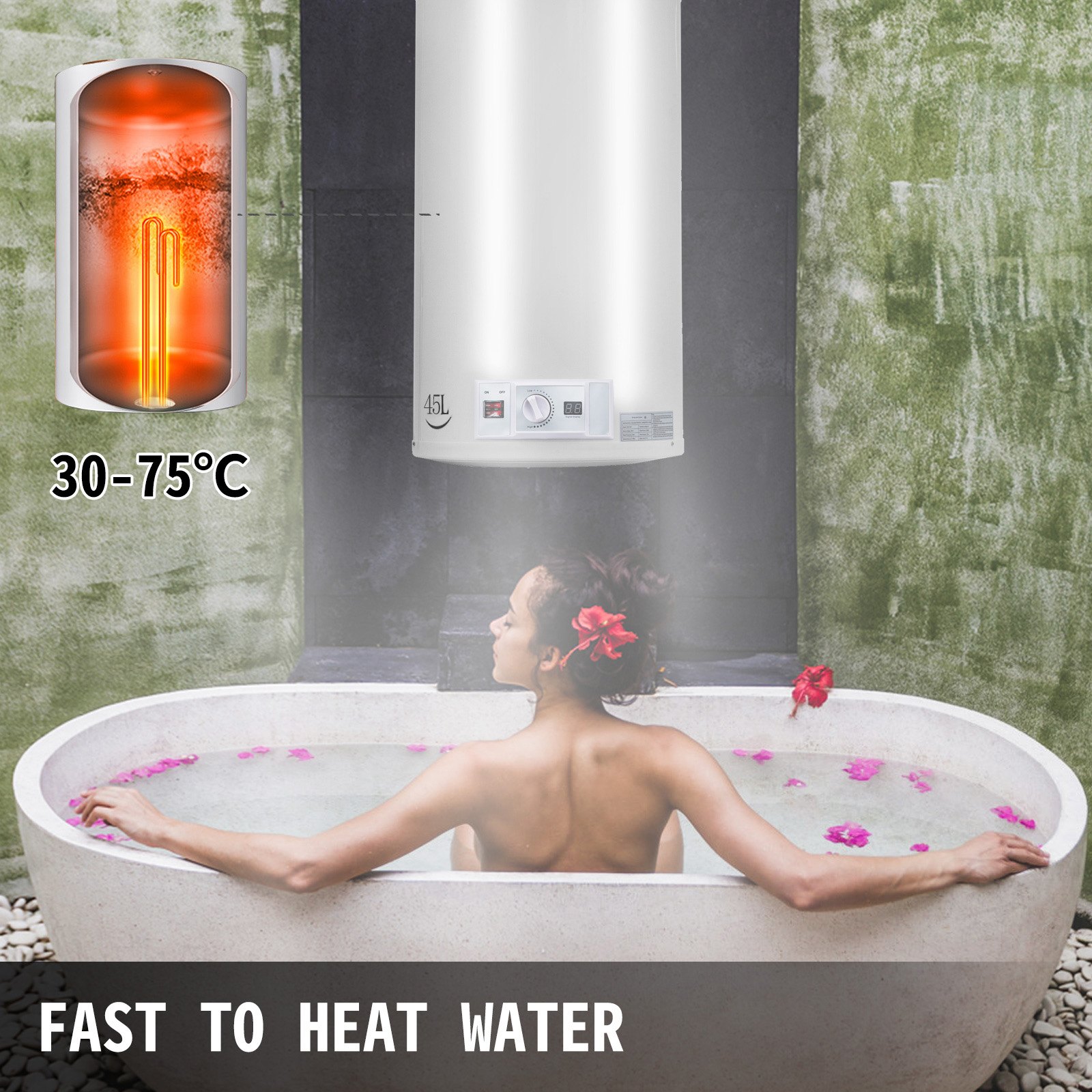 VEVOR Calentador de Agua Eléctrico 2 kW Calentador de Agua Calentador de Agua Instantáneo Eléctrico 45 L Rango de Ajuste de Temperatura 30 - 75 ℃ Presión de Agua de 0,7 MPA para Montado en Pared