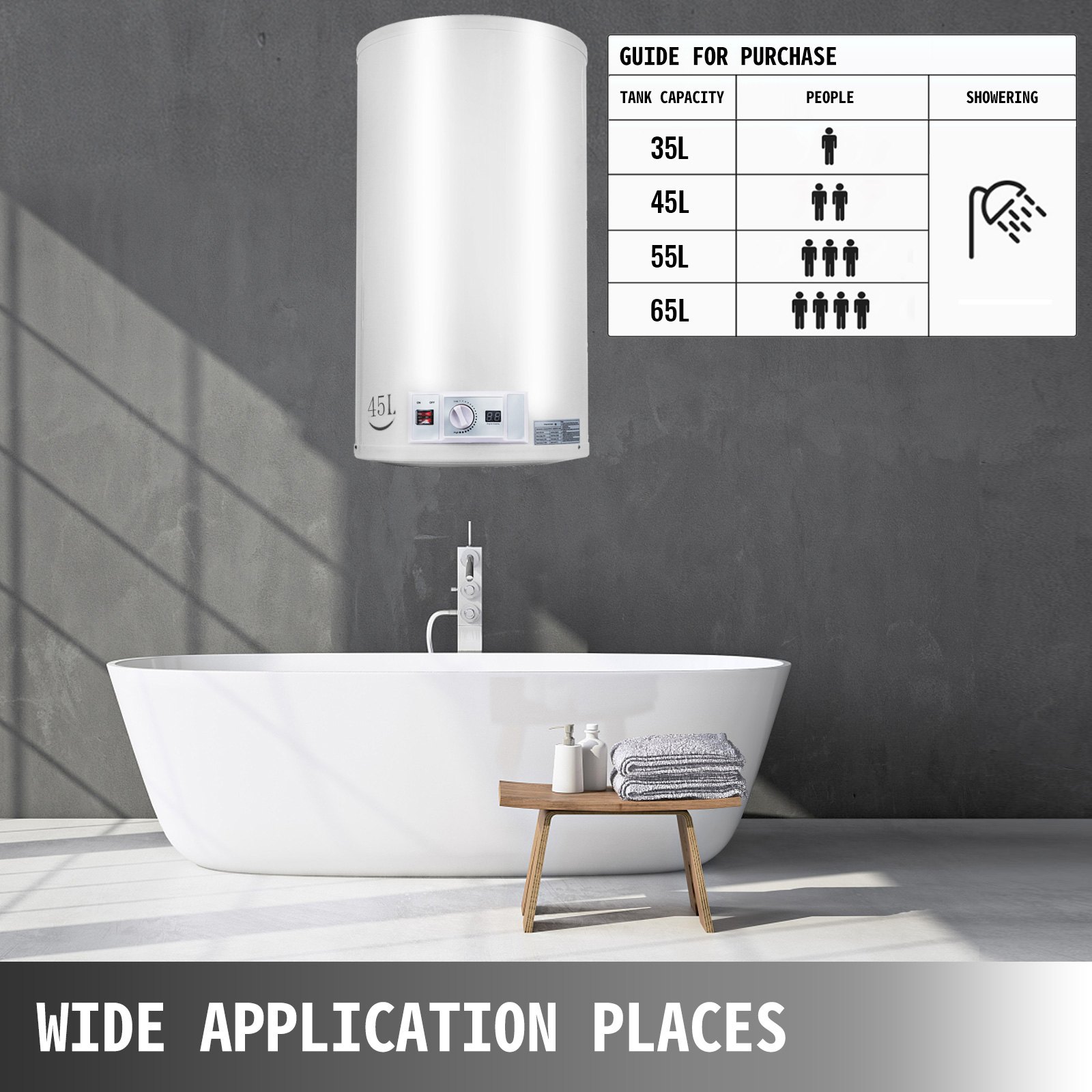 VEVOR Calentador de Agua Eléctrico 2 kW Calentador de Agua Calentador de Agua Instantáneo Eléctrico 45 L Rango de Ajuste de Temperatura 30 - 75 ℃ Presión de Agua de 0,7 MPA para Montado en Pared
