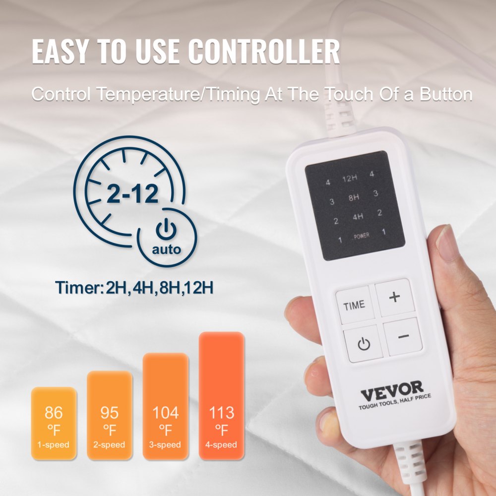 VEVOR Funda de Colchón Eléctrica con Calefacción, 4 Niveles de Temperatura, Temporizador de 12 Horas, Apagado Automático de 8 Horas, Bolsillo Elástico Profundo en Todo el Contorno, 1500 x 800 mm