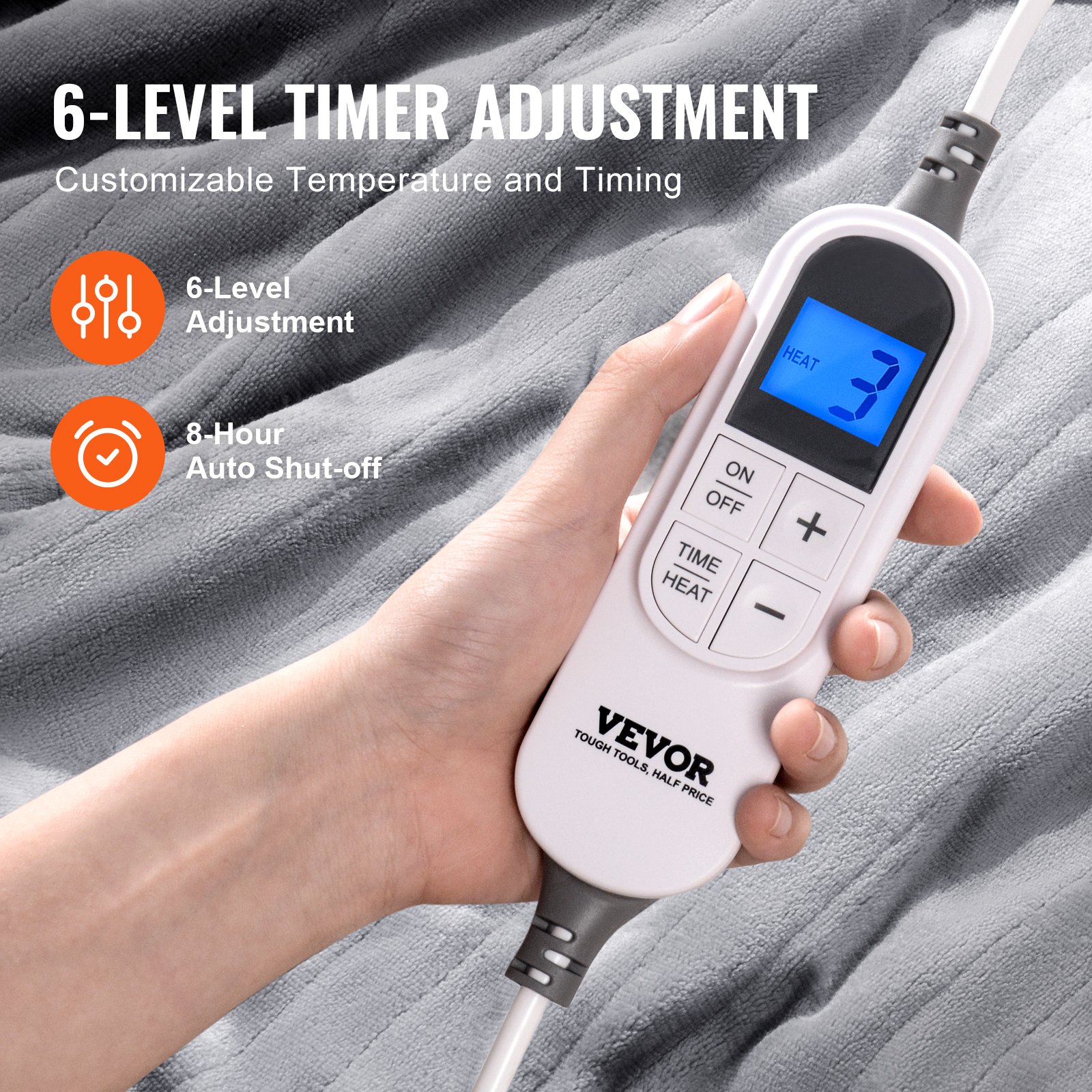 VEVOR Manta Eléctrica Calefactora de Franela Suave de Lana de Cordero, con 9 Niveles de Temperatura y 6 Niveles de Calor, Manta Cálida para Regalo de Cumpleaños, Abuela(Gris), 150 W, 1800 x 2000 mm